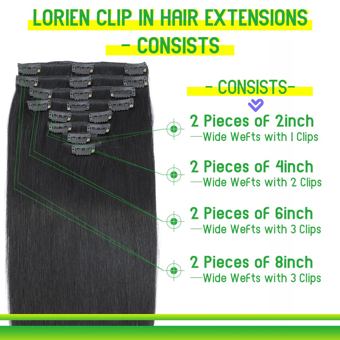 Lorien Clip In Hair Extensions Real Human Hair, 24 Inch 120G, 1 Jet Black, Clip In 100% Brazilian Remy Human Hair Extensions 8Pc