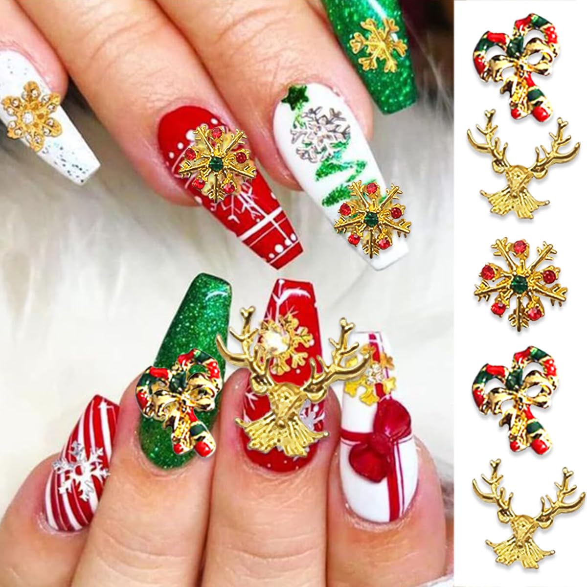 17Pcs Christmas Nail Charms Gold 3D Alloy Reindeer Snowflake Santa Claus Nail Art Charms Shiny Red Green Nail Rhinestones Bling