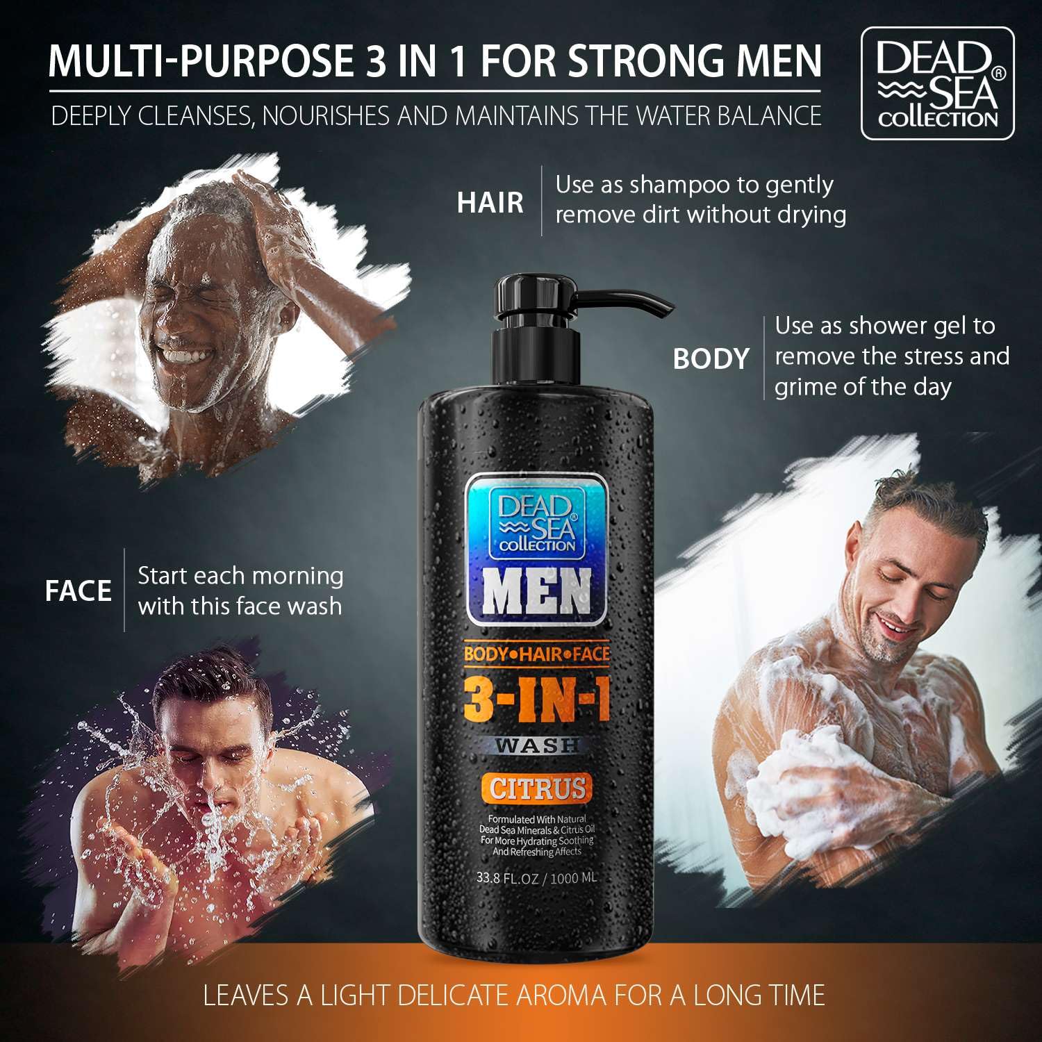 Dead Sea Collection Mens Body Wash 3 In 1 - Citrus Body Wash For Men - Mens Shampoo - Mens Face Wash - Shampoo For Men - Pack Of