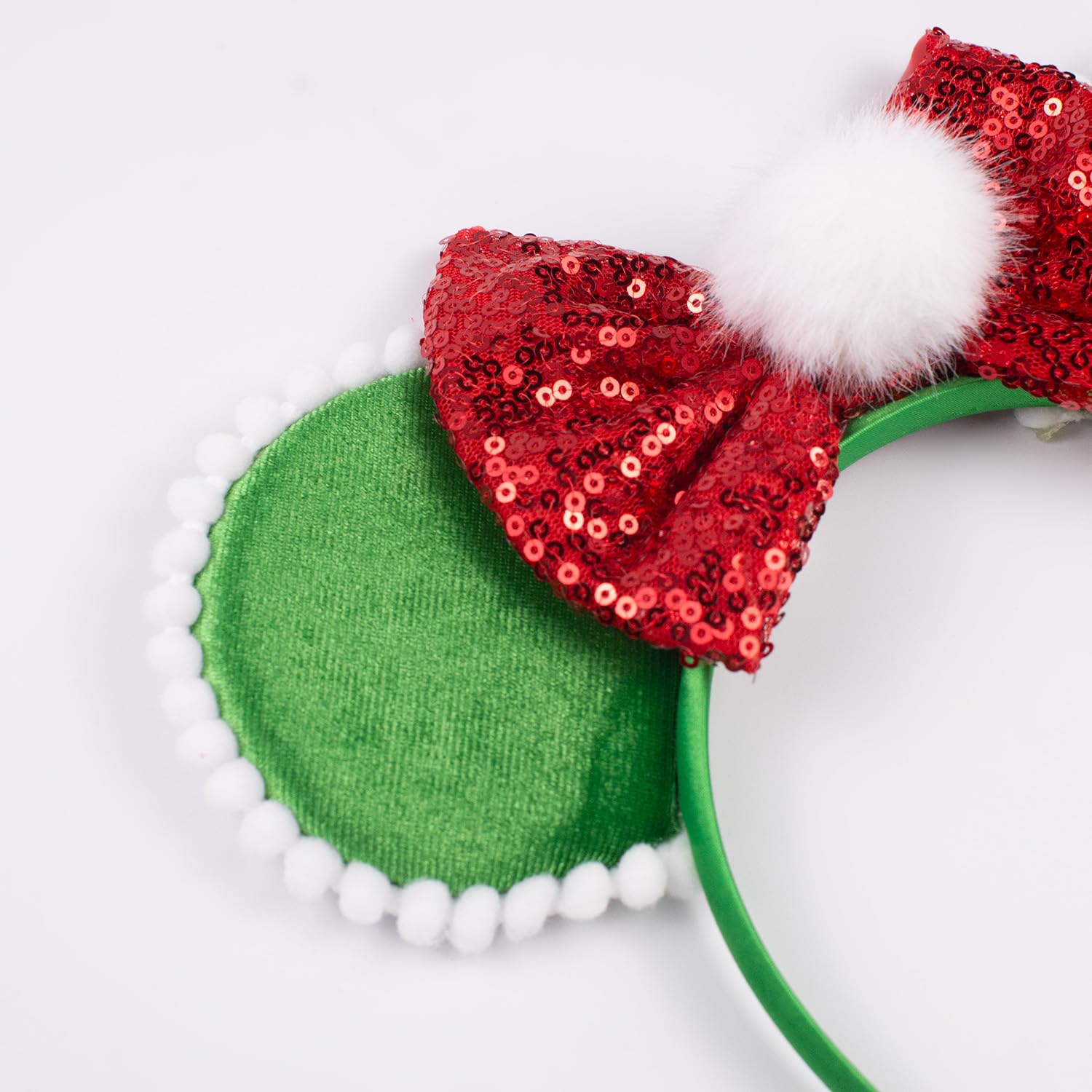 Jiahang Green Velvet Mouse Ears Headband With White Pom Pom Ball, Red Hair Bow Headband, Party Fashion Headwear Hair Accessories