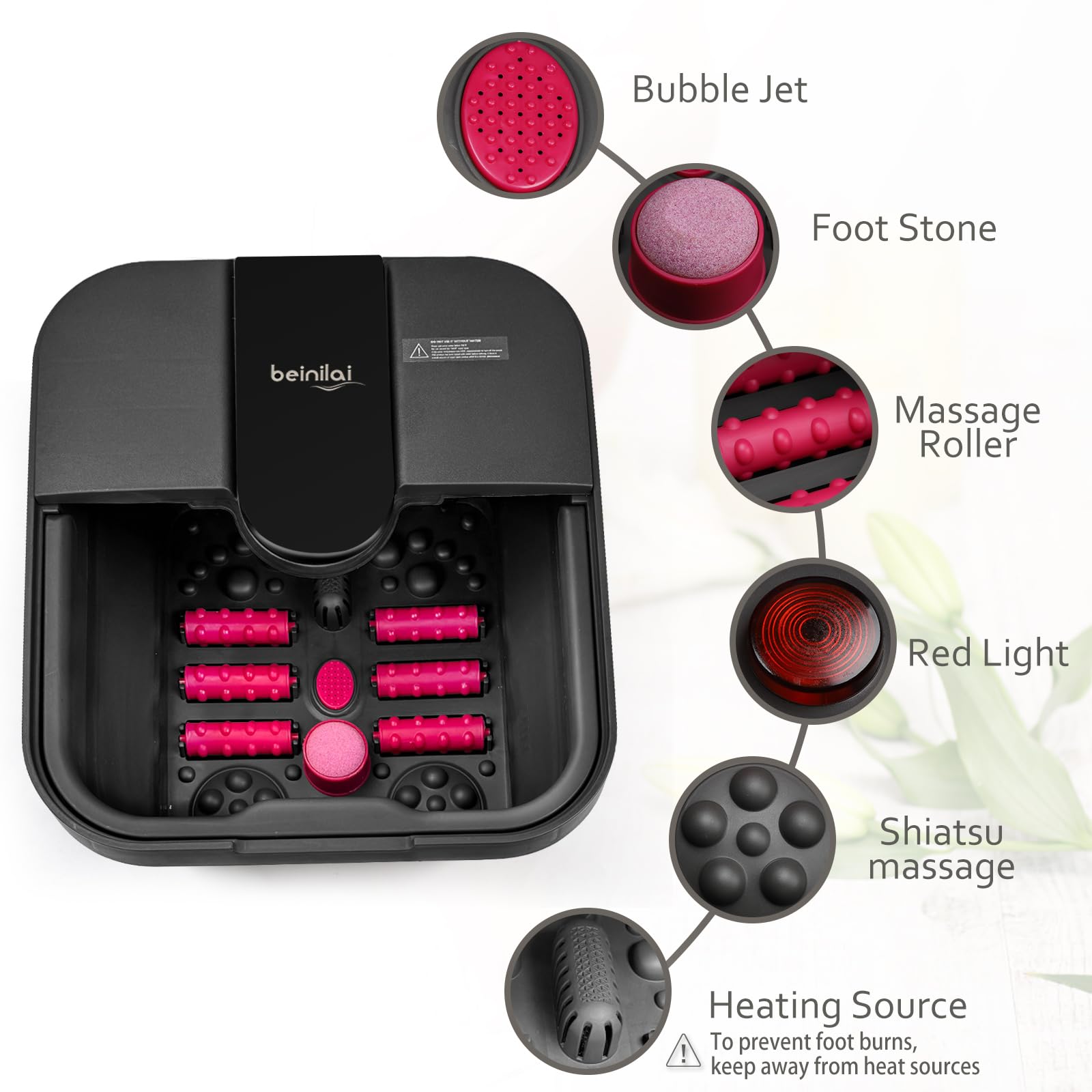 Beinilai Collapsible Pedicure Foot Spa With Heat And Massage And Bubble Jets,Foot Soak Tub With 6 Foot Rollers,Acupressure Massa
