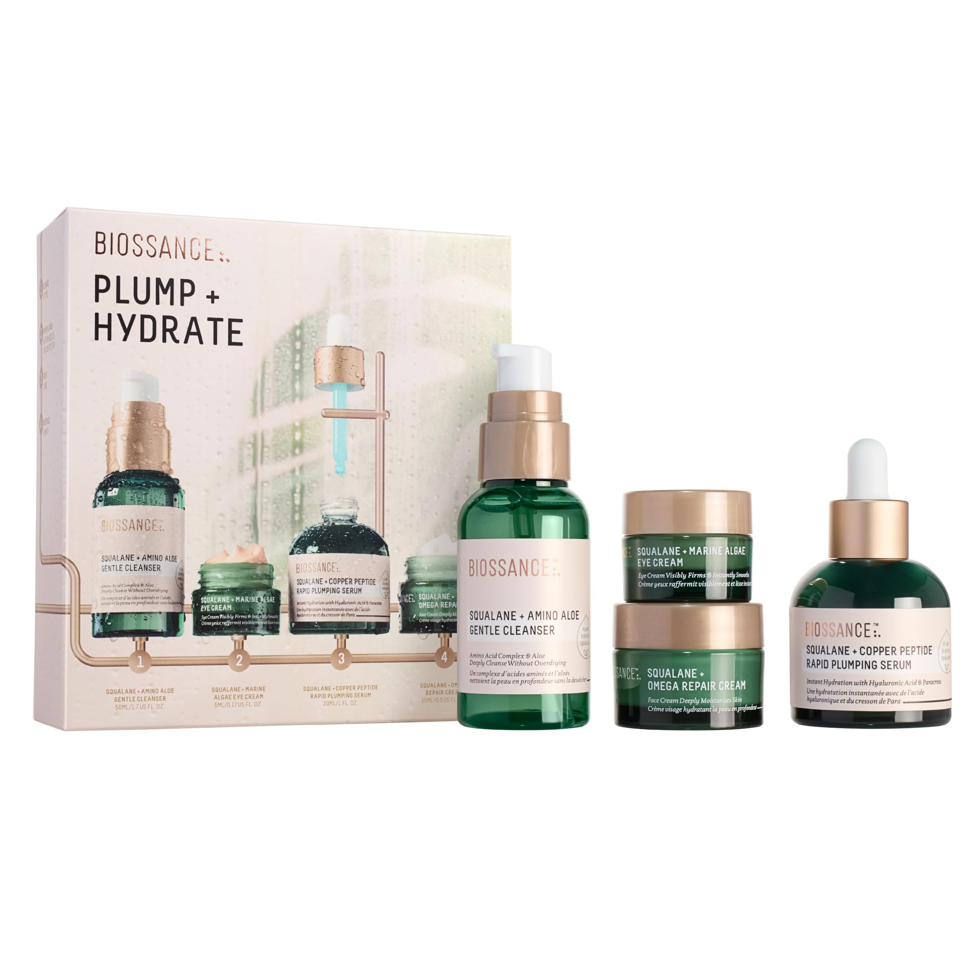 Biossance Plump and Hydrate Skincare Set - Amino Aloe Gentle Foaming Cleanser, Marine Algae Eye Cream, Copper Peptide Rapid Plum