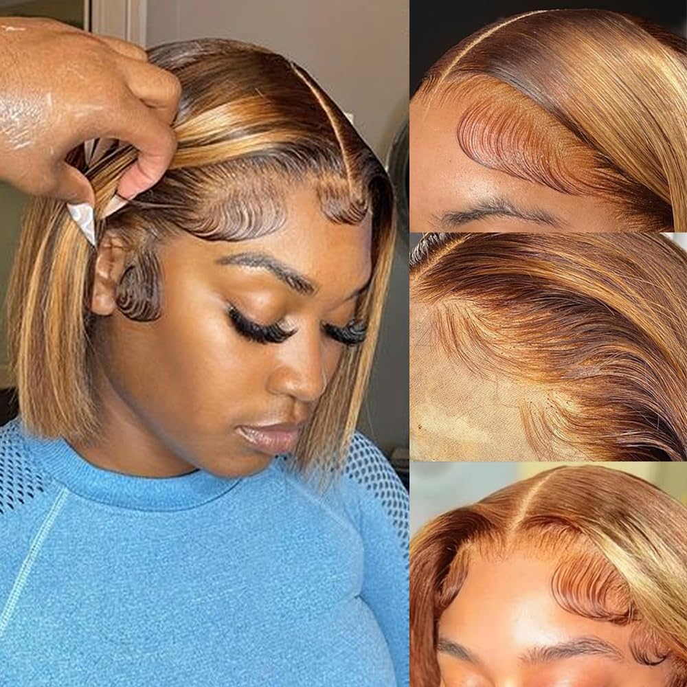 4/27 Highlight Bob Wig Human Hair Wear and Go Glueless Highlight Bob Lace Front Wig Human Hair Pre Plucked Bob 13X4 HD Lace Fron