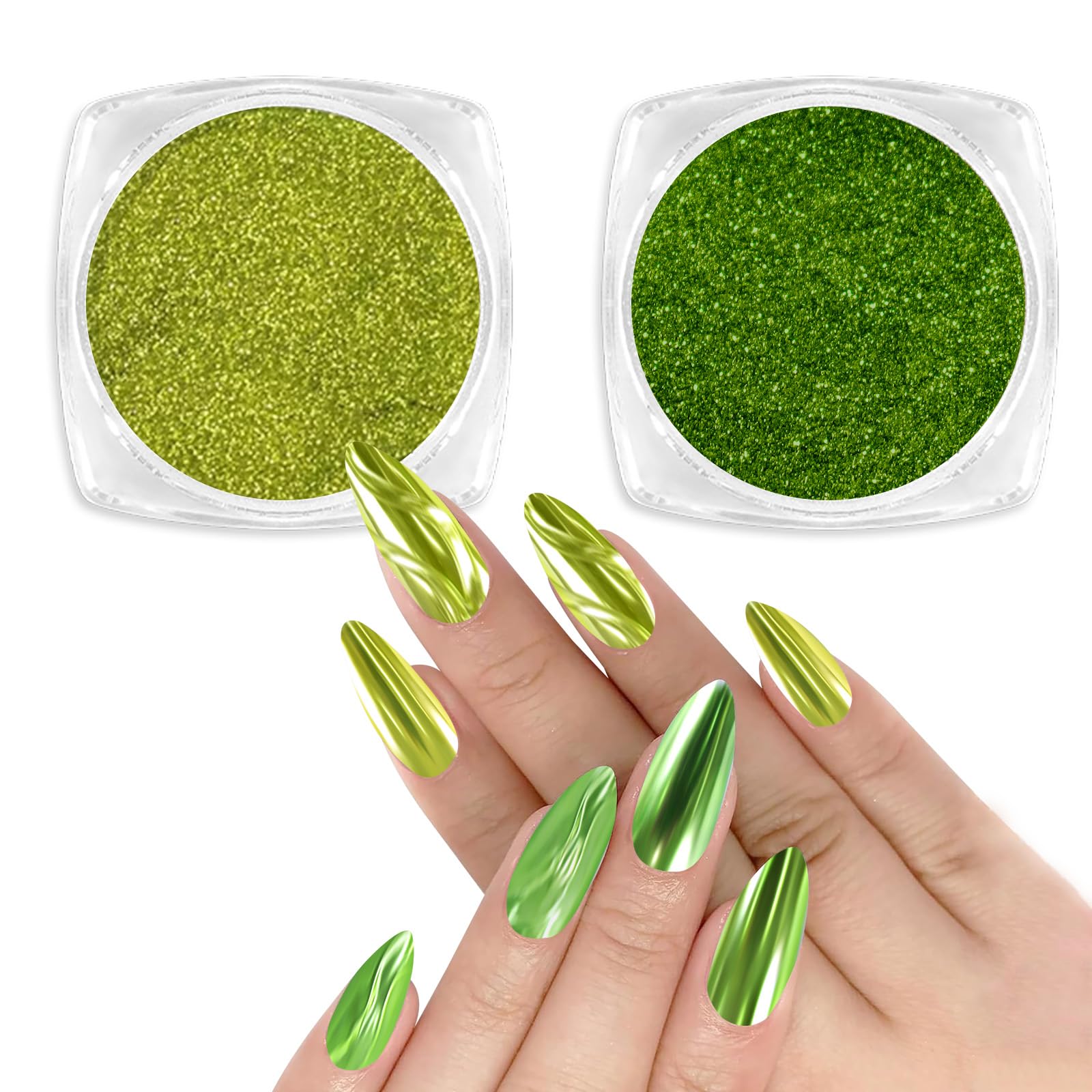 Allstarry Green Chrome Nail Powder, 2 Colors Metallic Effect Mirror Chrome Powder Pigment Manicure Magic Glitter Dust Kit for Ge