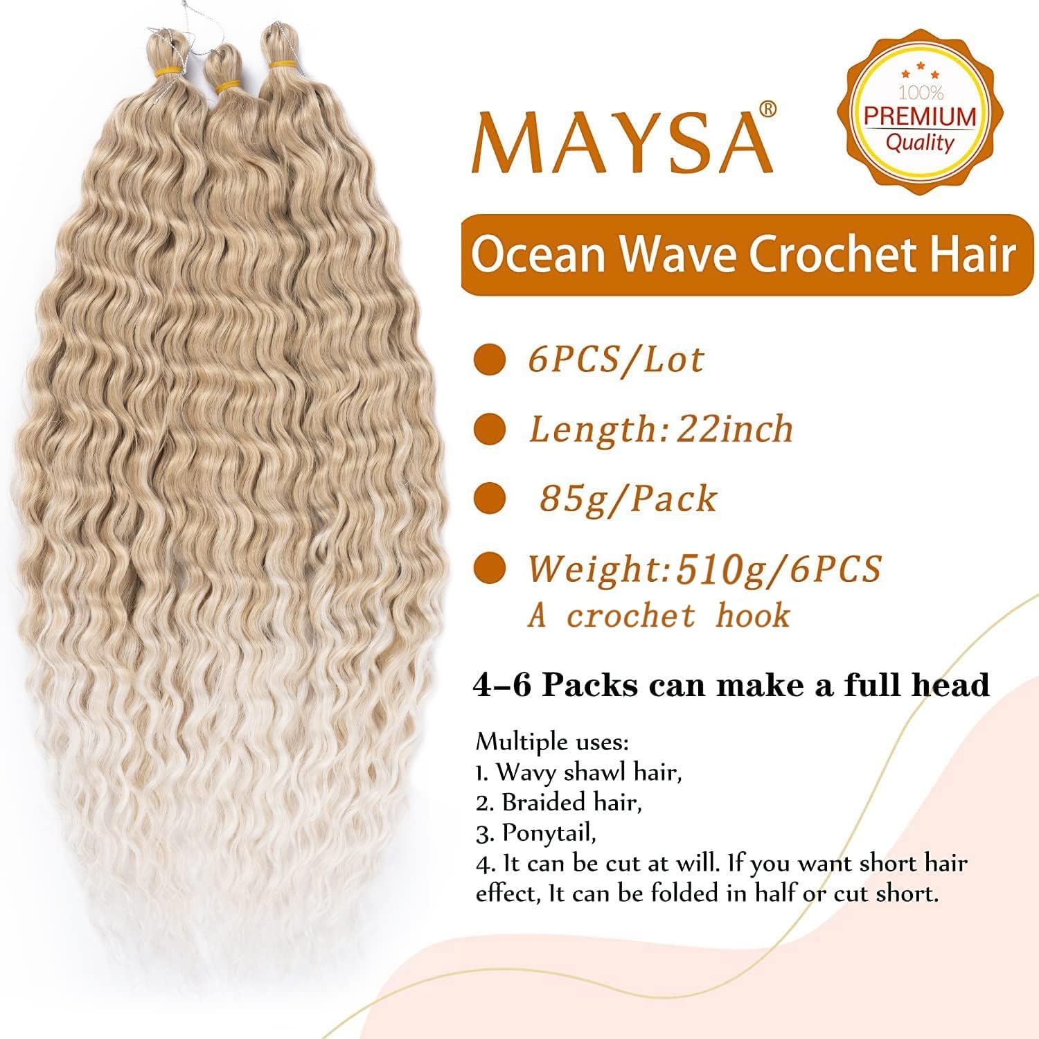 Curly Braiding Crochet Hair Blonde 22inch Ocean Wave Crochet Hair Wavy Synthetic Ombre Crochet Hair 6Packs #18/56c Blond mix Pla