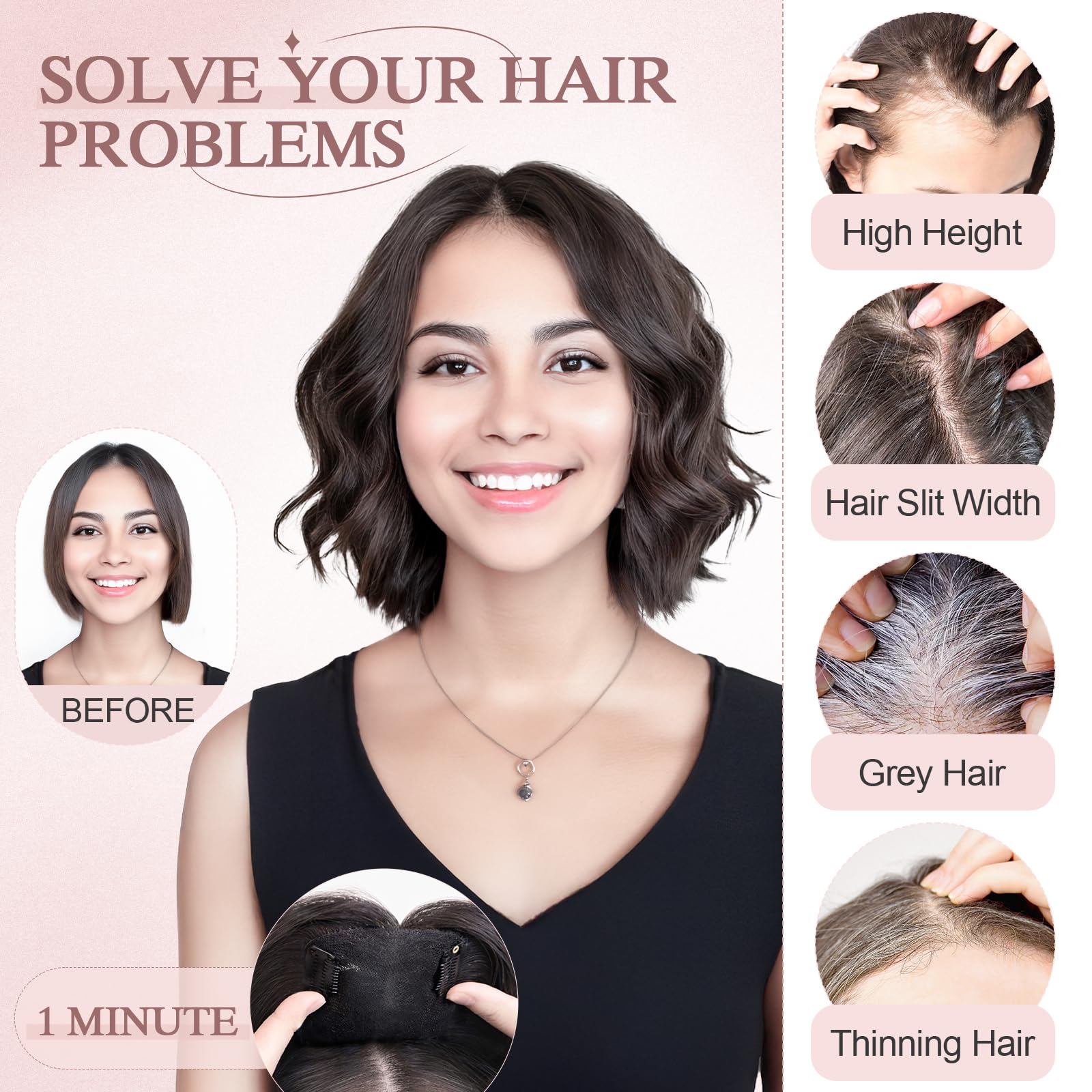 SEGO Human Hair Toppers With Bangs 3603D Coverage Hairpieces Hand-stitched Thinning Hair Toppers Clip on Bangs for Women Add Vol