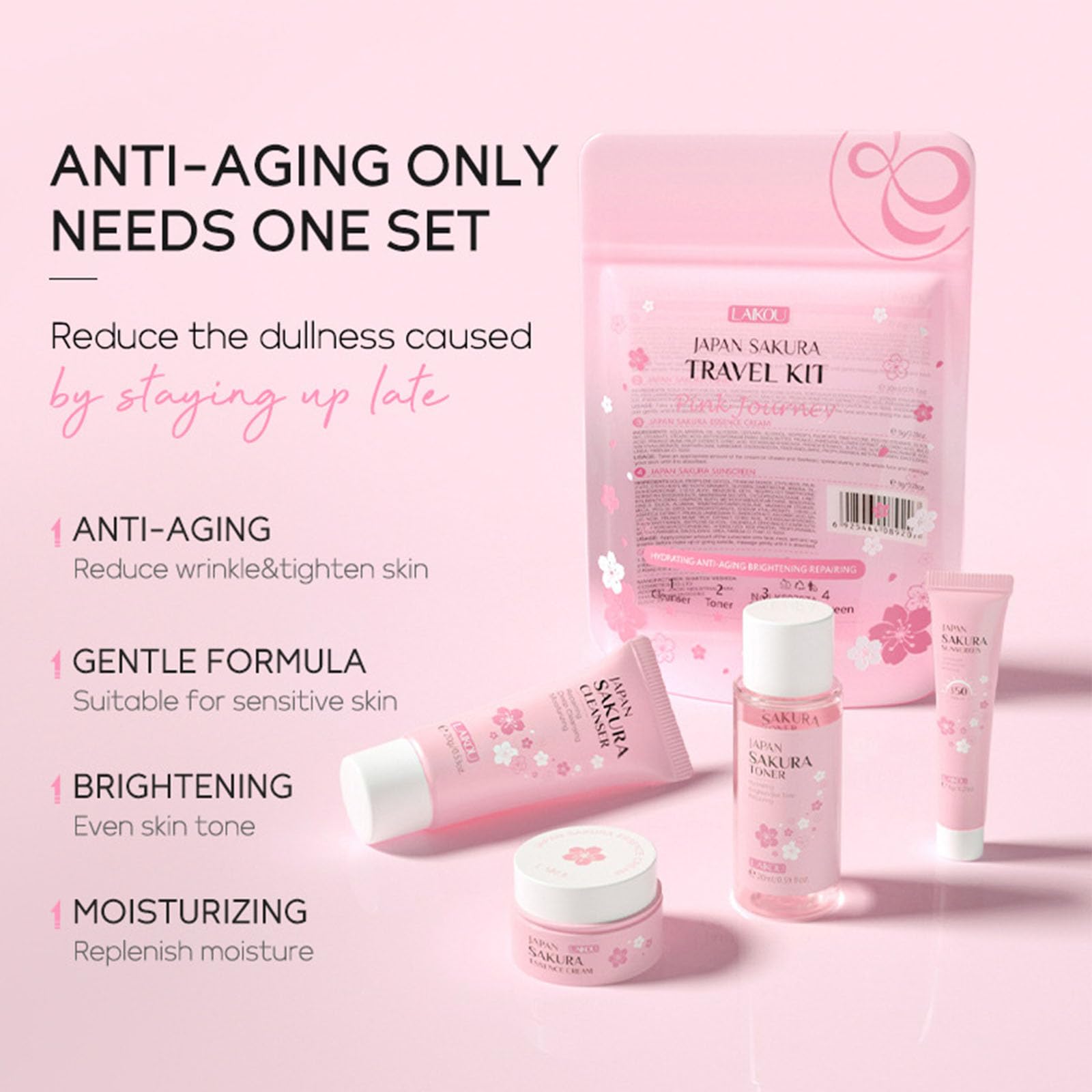 Sakura Travel Skincare Set For Teenage Girls - Face Routine Set For Women,4 Piece Gentle Skin Cleaning & Care Travel Size Kit Wi