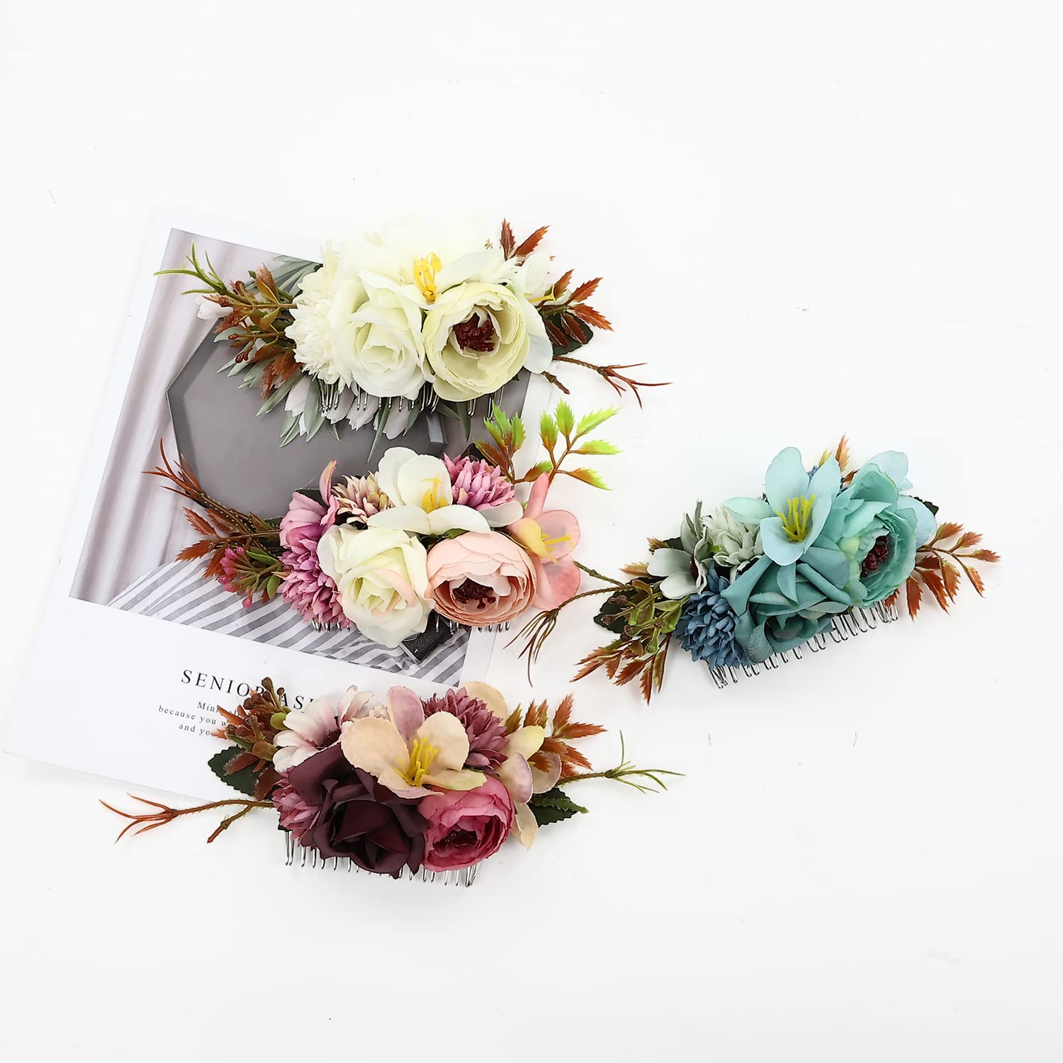 Cinaci 4 Pack Large Artificial Flower Metal Hair Side Combs Floral Slide Hair Clips Wedding Bridal Headpieces Hairpins Barrettes