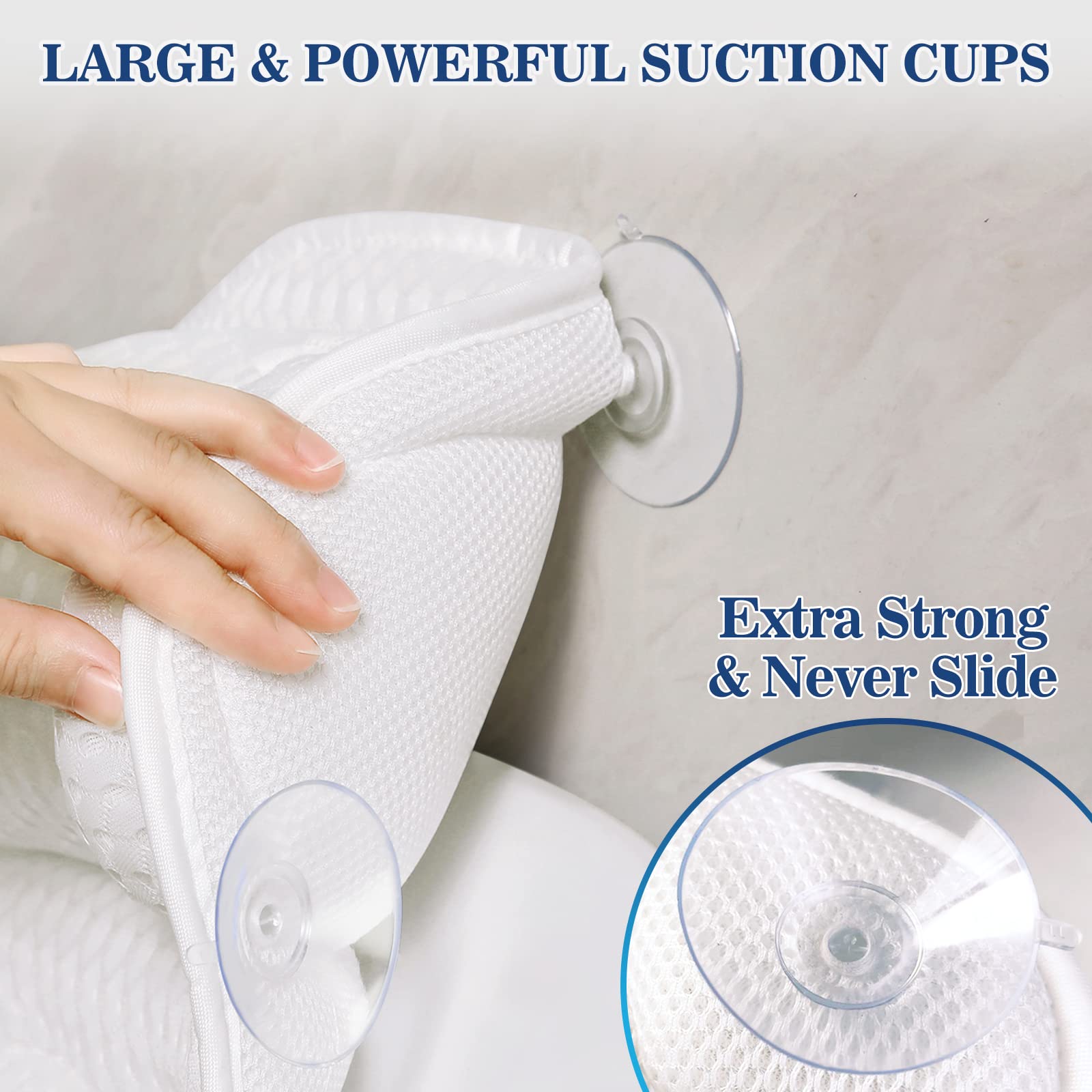 Ozyalo Bath Pillow for Tub - Luxury 4D Mesh, Non-Slip Suction Cups, White, Model 1015, Neck and Back Support