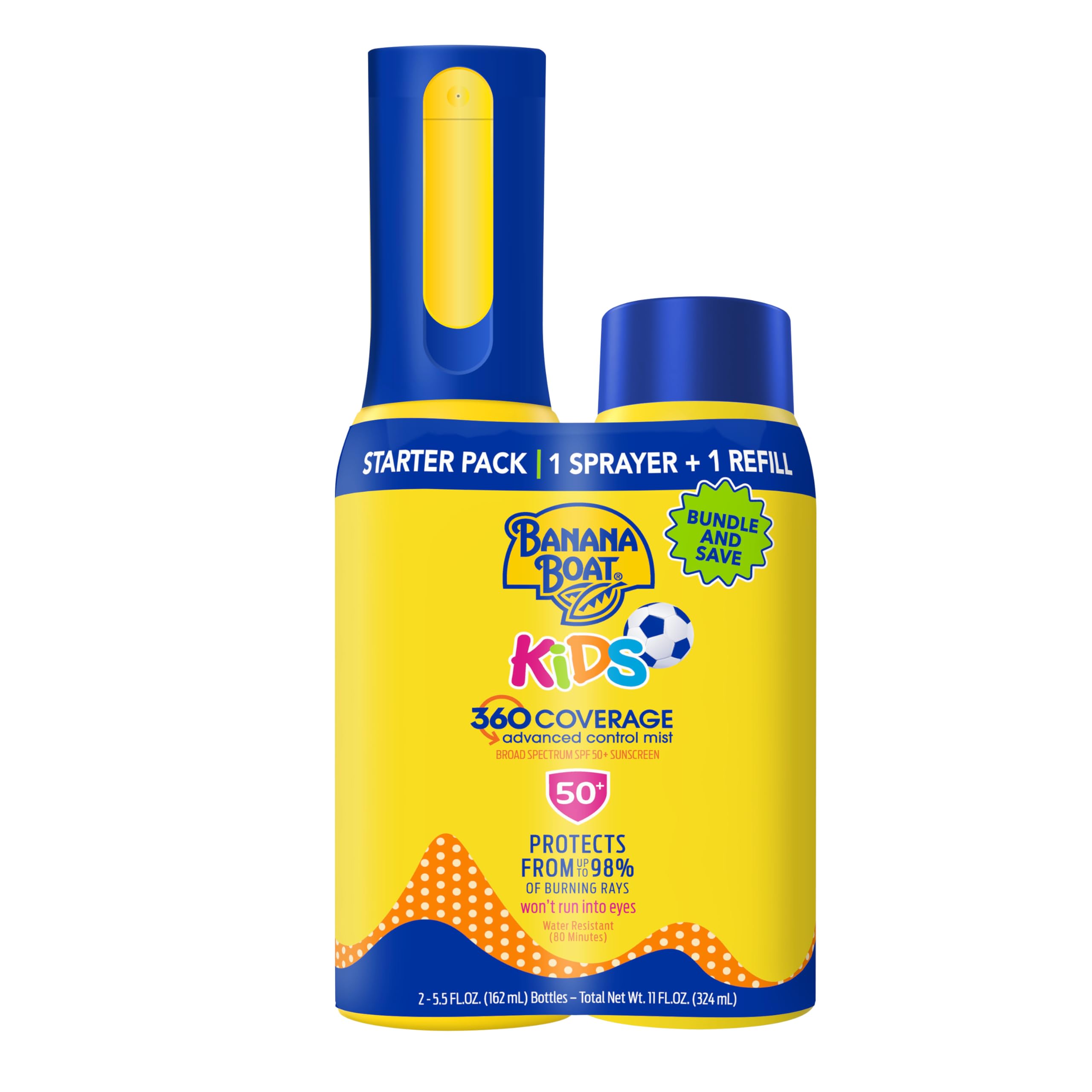 Banana Boat 360 Coverage Kids Sunscreen Mist SPF 50 Bundle | Non-Aerosol Kids Sunscreen Spray with Refill, Childrens Sunblock Sp