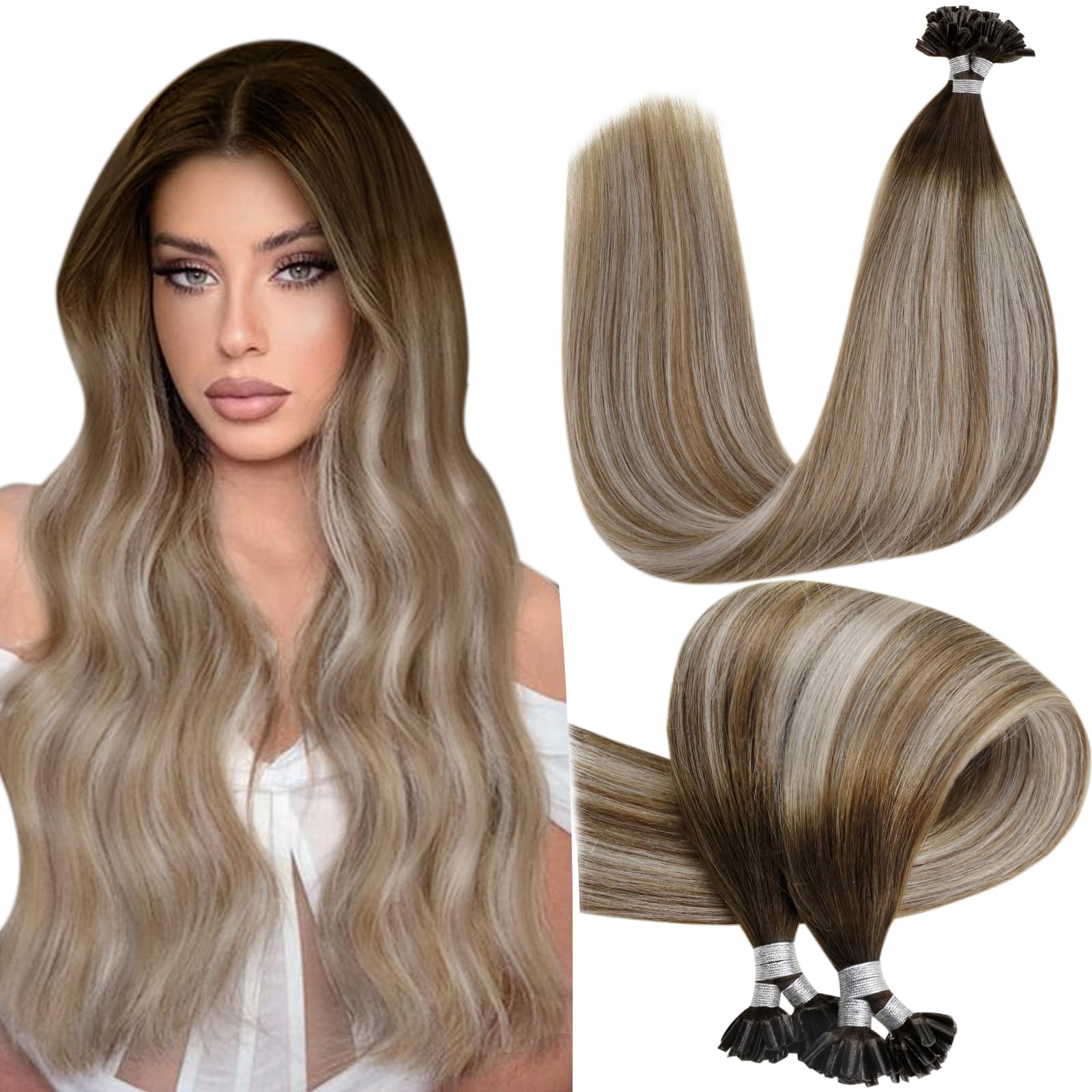 Hetto U Tip Hair Extensions Human Hair Brown Ombre to Blonde K Tip Hair Extensions Real Human Hair Invisible K Tip Hair Extensio