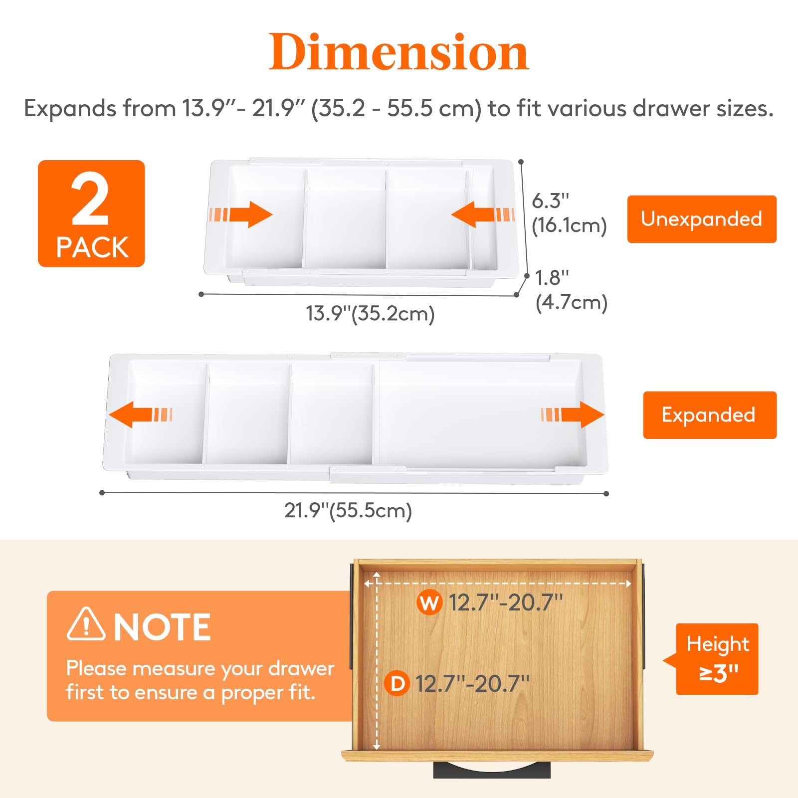 Lifewit 2 Pack Sliding Makeup Drawer Organizer Trays with Inserts, Extendable Hanging Desk Drawer Divider, Fits 13-20 Deep Drawe
