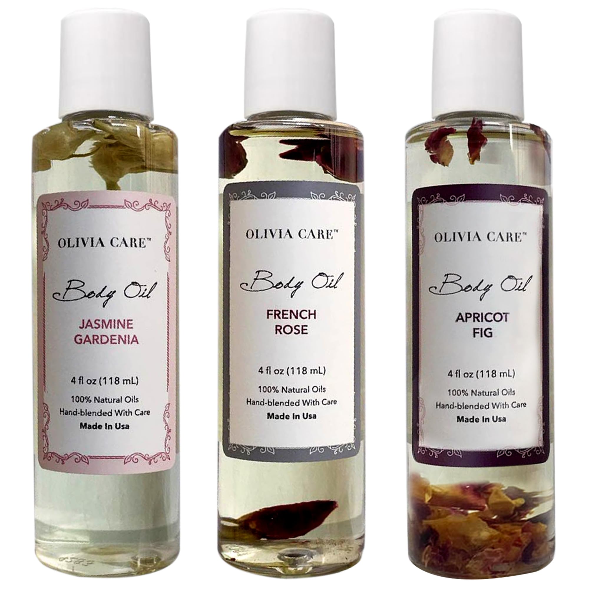 Olivia Care 3 Pack Body Oils: Apricot Fig, French Rose, Jasmine Gardenia - Natural Perfume Oils For Women & After Bath Oils Body