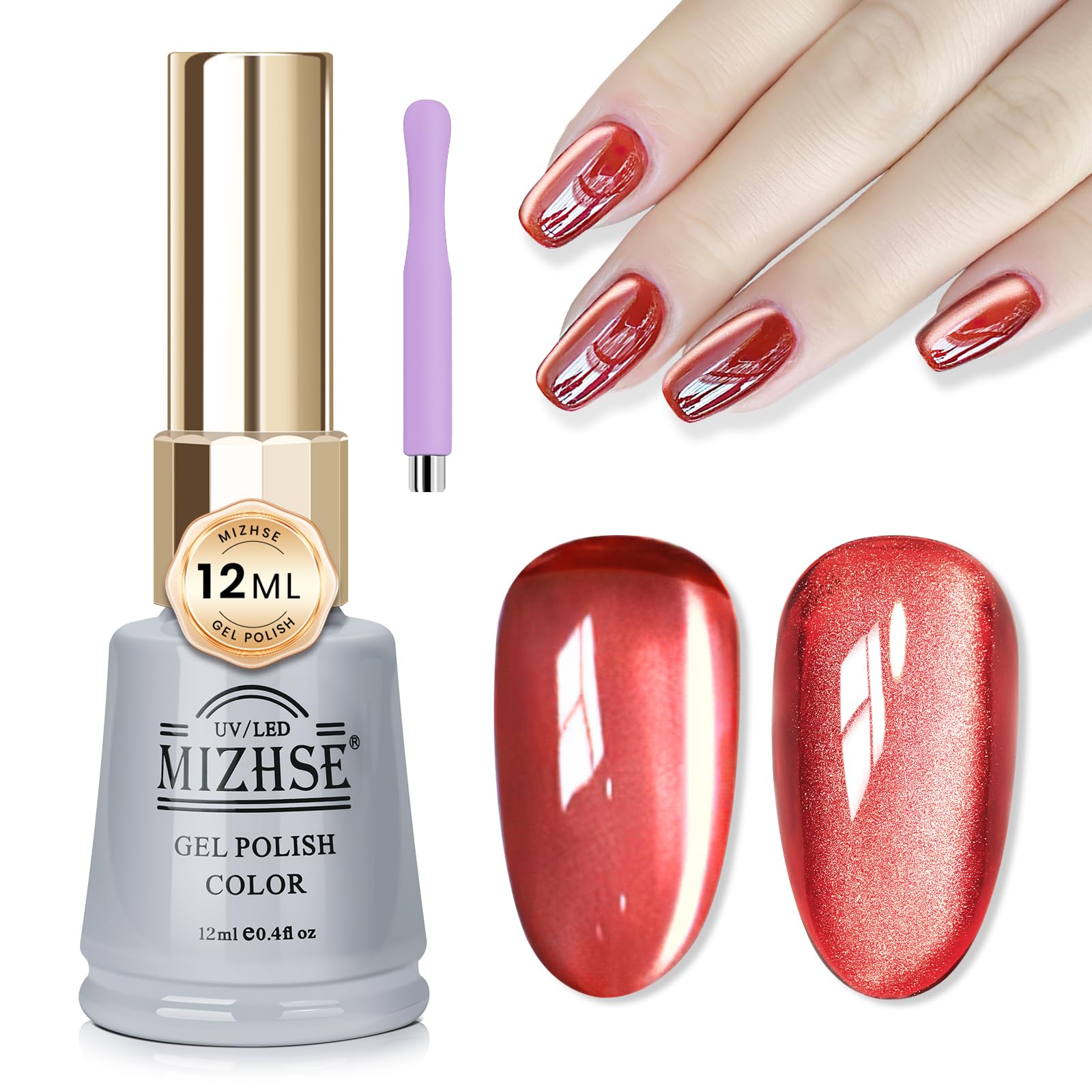 Mizhse Moonlight Cat Eye Gel Nail Polish, 12Ml Rose Red Smoothie Cateye Gel Nail Polish Silky Glitter Magnetic Soak Off U V Led