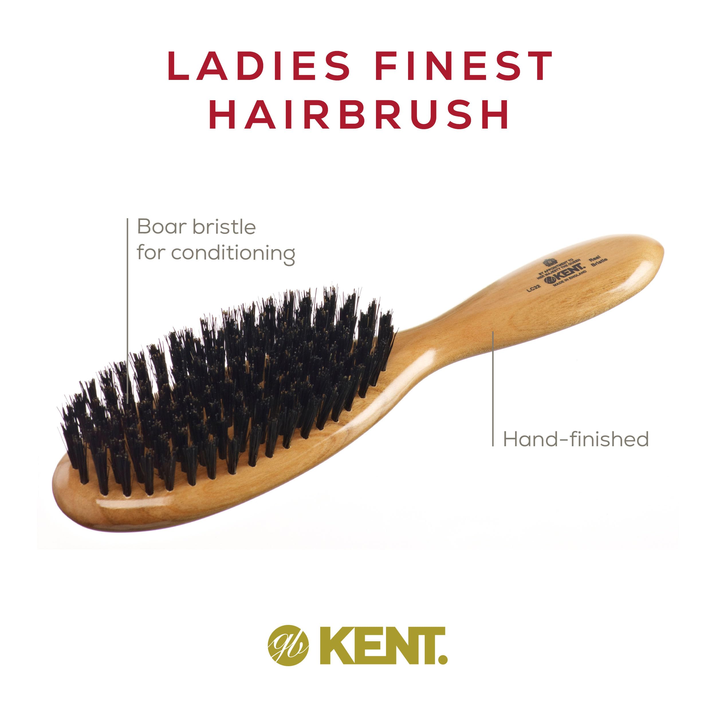 Kent LC22 Finest Hair Brushes for Women Detangler Dry Brush Made of Cherrywood - Boar Bristle Oval Hairbrush for Medium to Thick