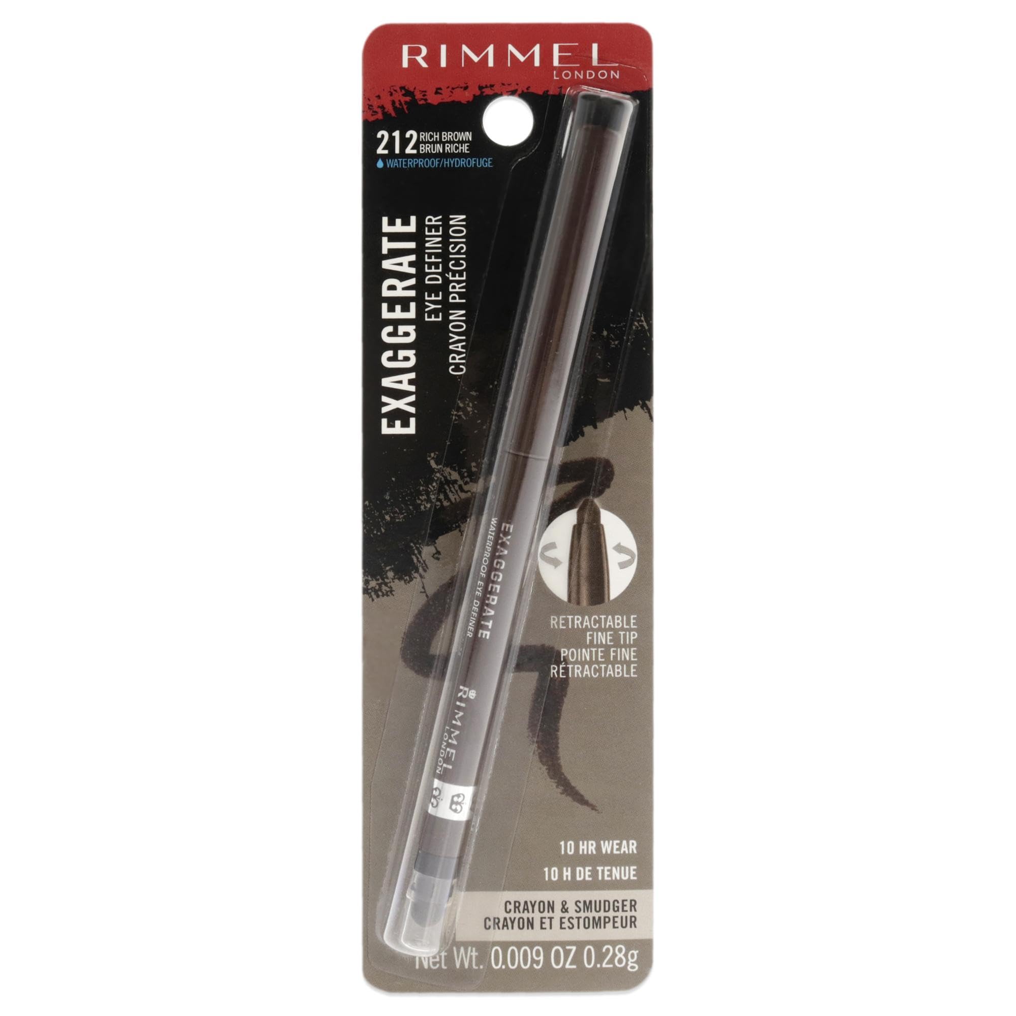 Rimmel London Exaggerate Waterproof Eye Definer Eyeliner, Highly Pigmented, Long-Wearing, Built-In Smudger, 212, Rich Brown, 0.0
