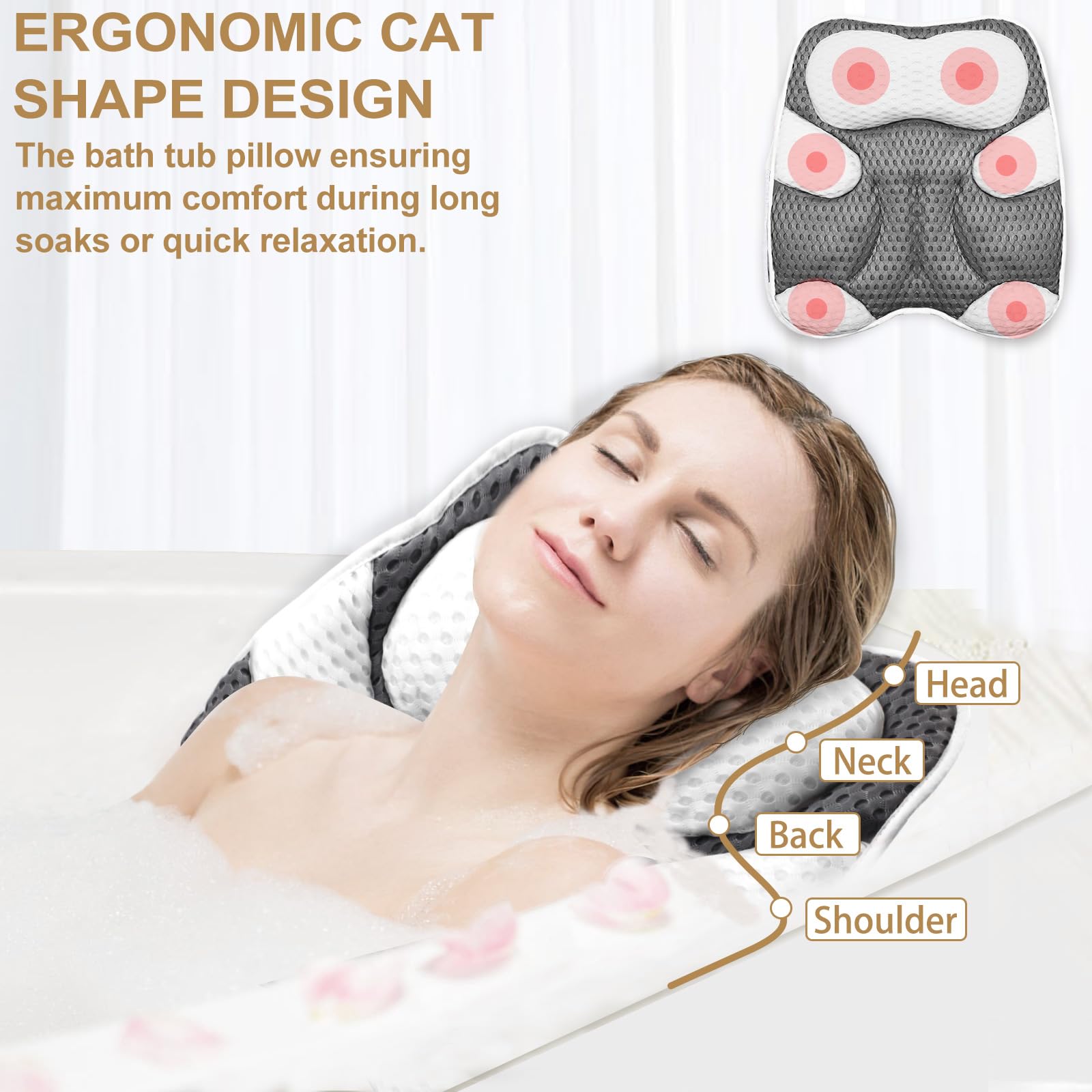 Zyidbng Bath Pillow For Tub Luxury Bathtub Pillow For Head And Neck Support Ergonomic Cat Shape Design 4D Air-Mesh Bath Tub Pill