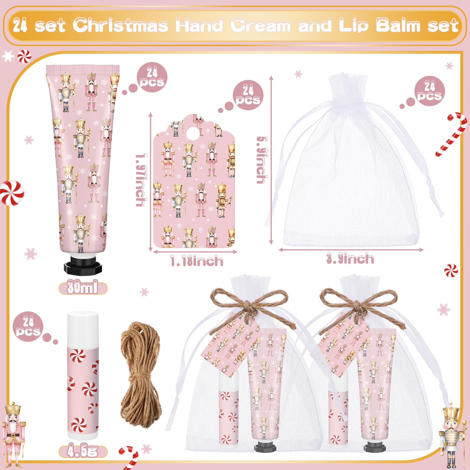Dansib 24 Sets Christmas Pink Nutcracker Hand Cream and Candy Lip Balm Gift Christmas Party Favors Travel Size Hand Lotion and L