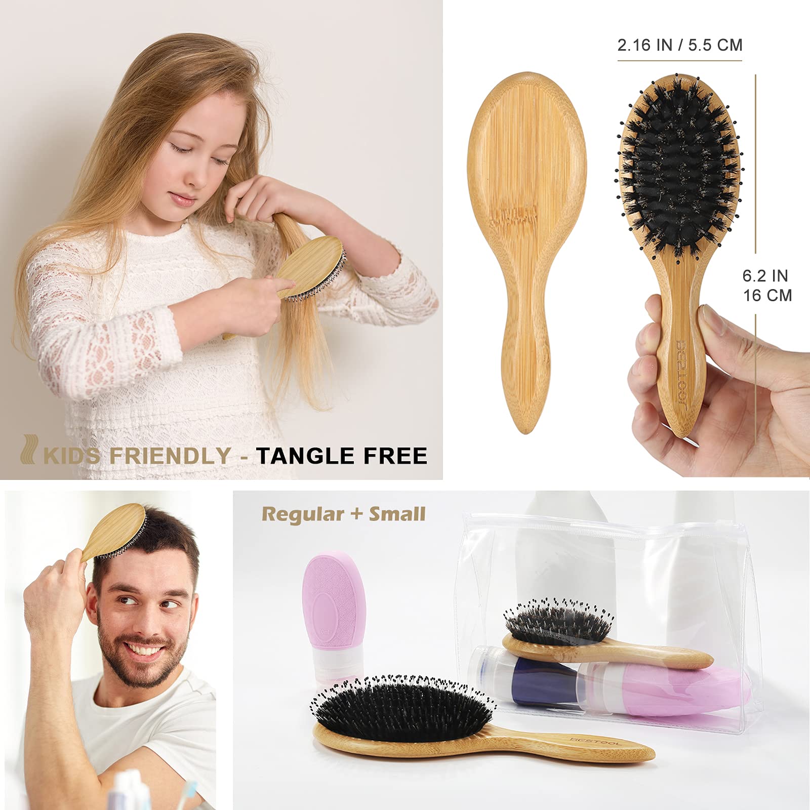 BESTOOL Hair Brush (Regular & Small), Boar Bristle Hair Brushes for Women Men Kids Thick Fine Curly Hair, Hairbrush for Detangli