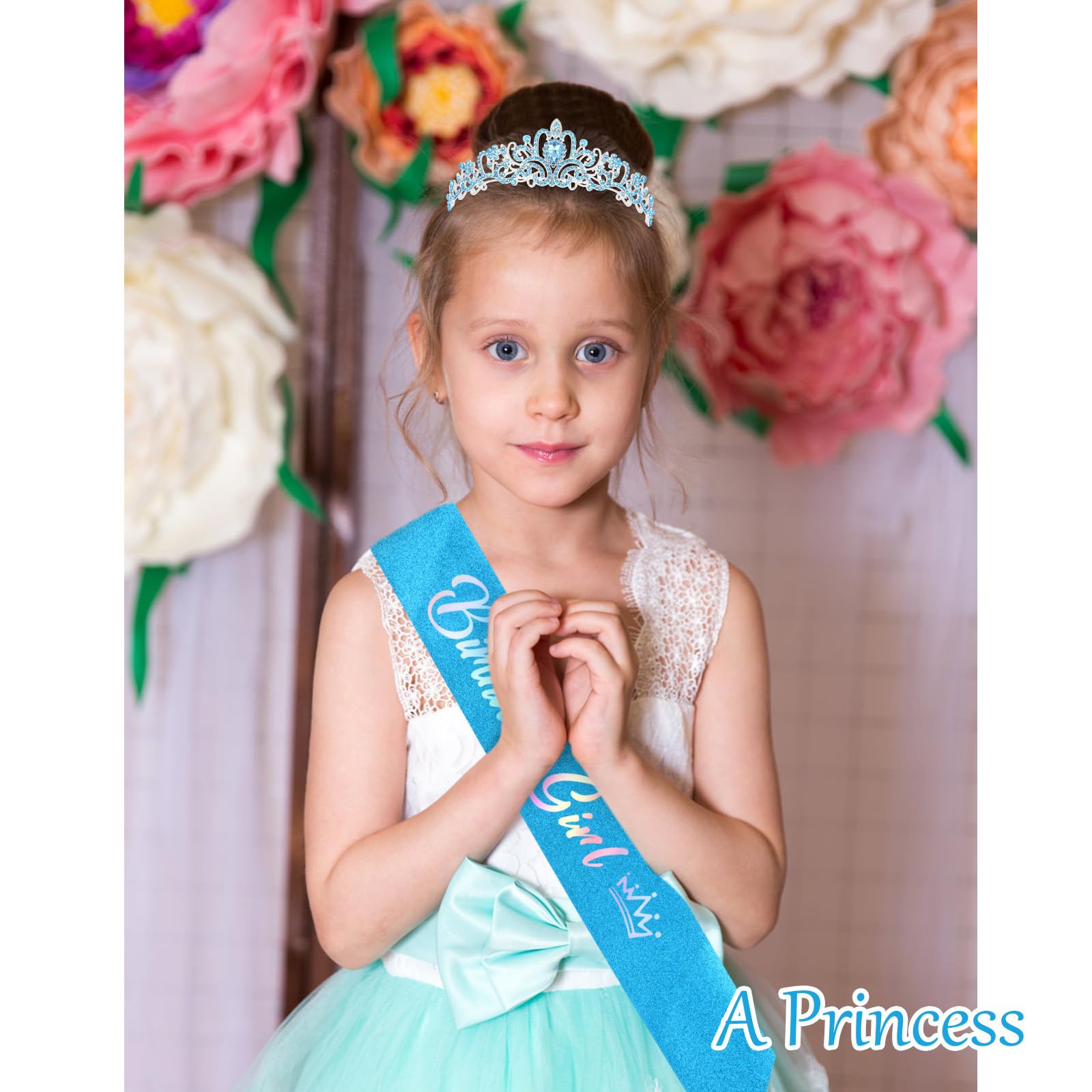 CIEHER Girl Sash and Crown Tiara Blue - Birthday Decorations and Gifts for Women and Girls