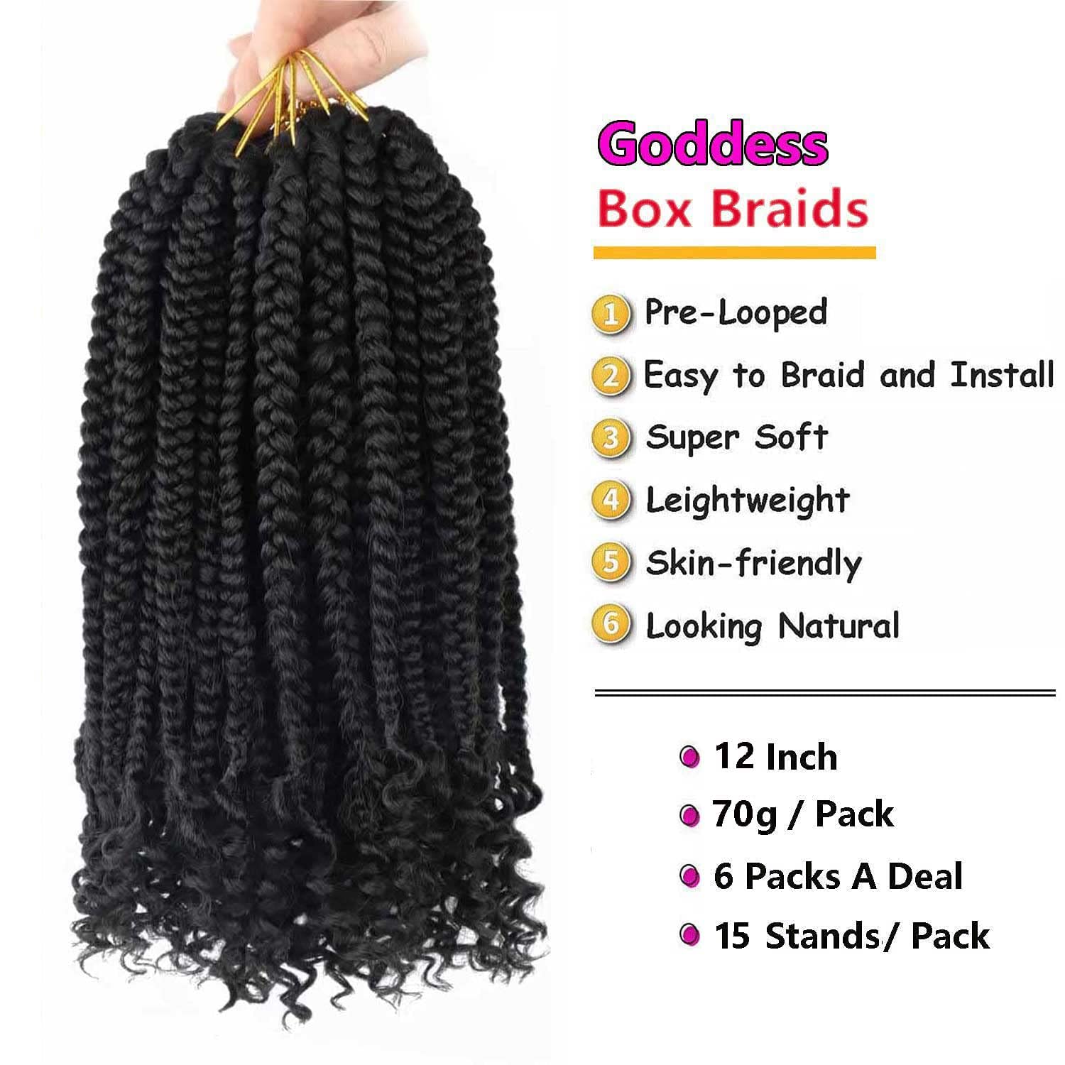 Layashow 12 Inch Crochet Box Braids Curly Ends 6 Packs Bohemian Box Braids Crochet Braid Hair for Black Women (1B, 12 Inch)