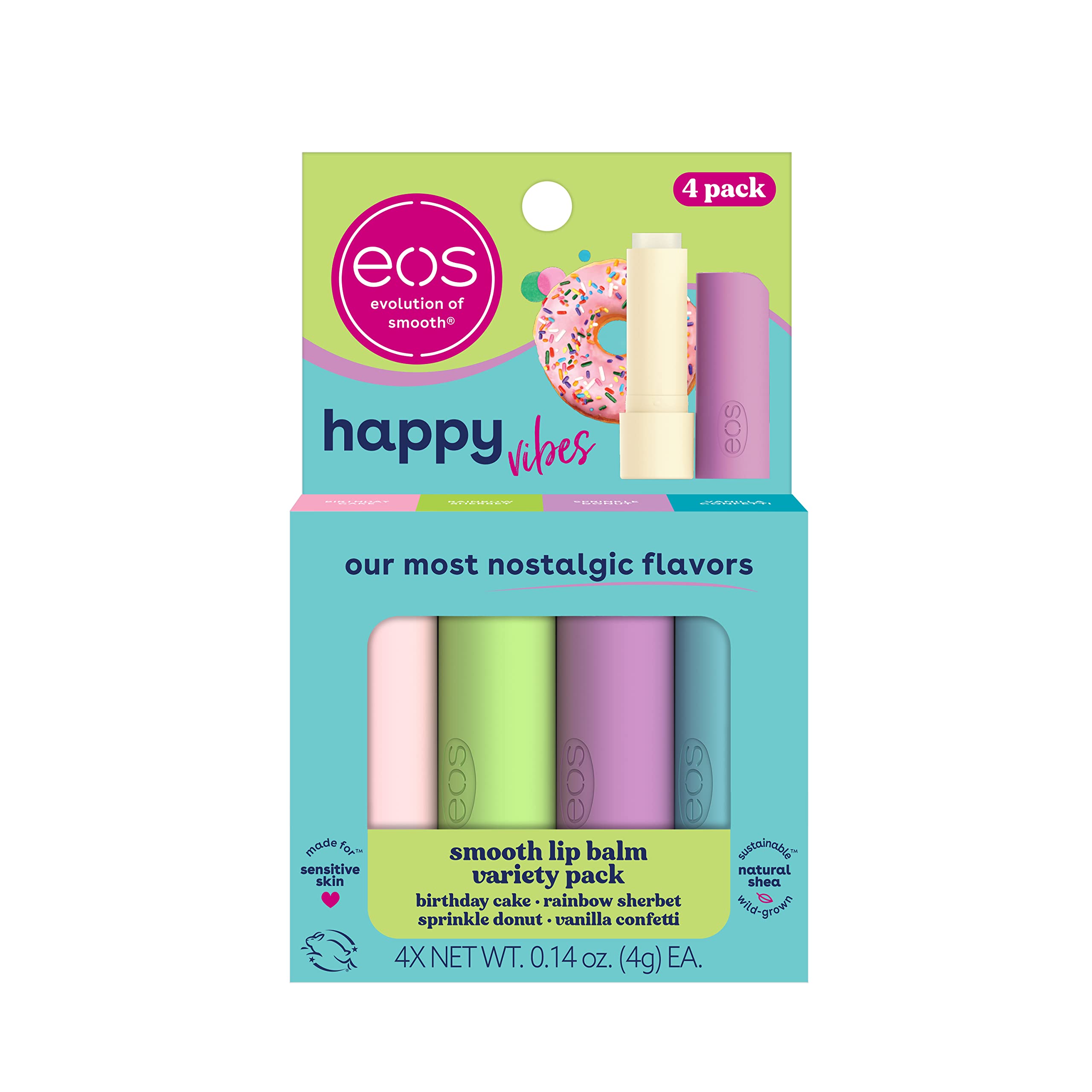eos Happy Vibes Lip Balm Variety Pack- Sprinkle Donut, Birthday Cake, Vanilla Confetti & Rainbow Sherbet, All-Day Moisture Lip C