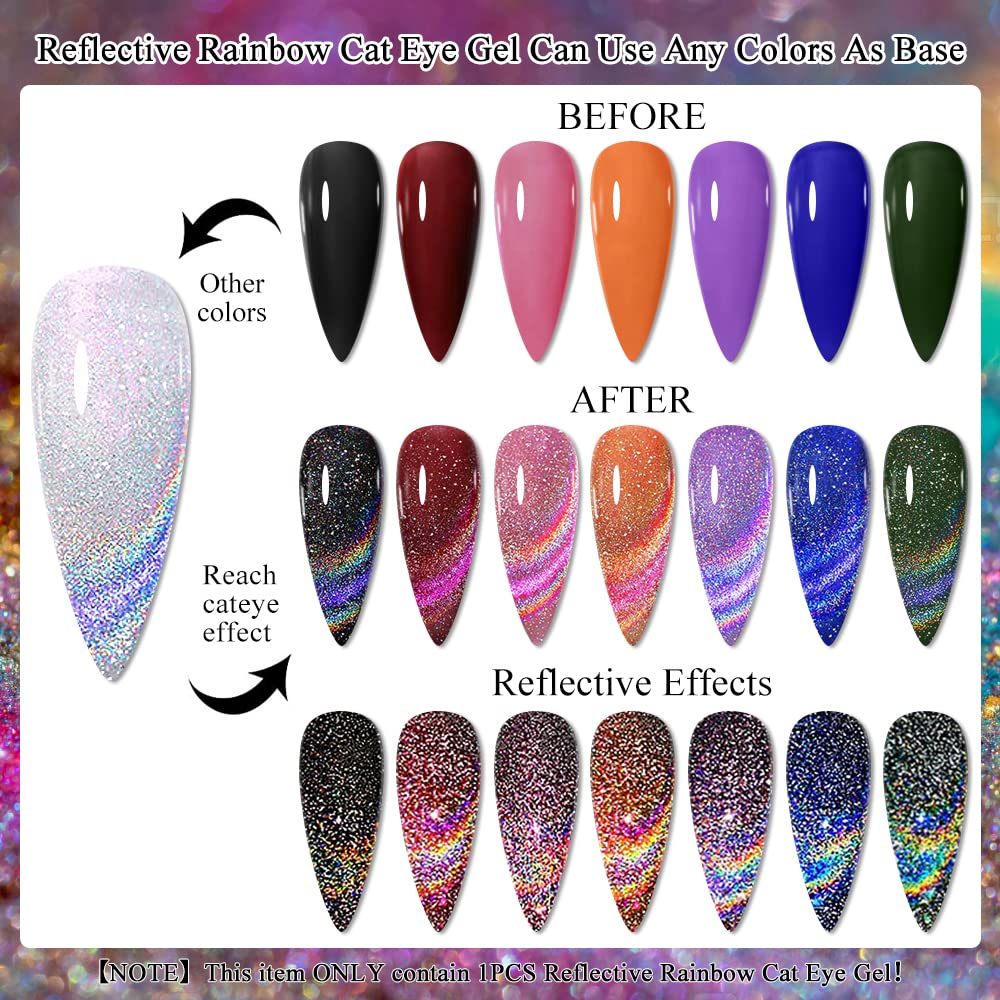 Mizhse Universal Reflective Rainbow Cat Eye Gel 10Ml Reflective Gel Nail Polish Holographic Laser 9D Cat Eye Gel Nail Polish Wit