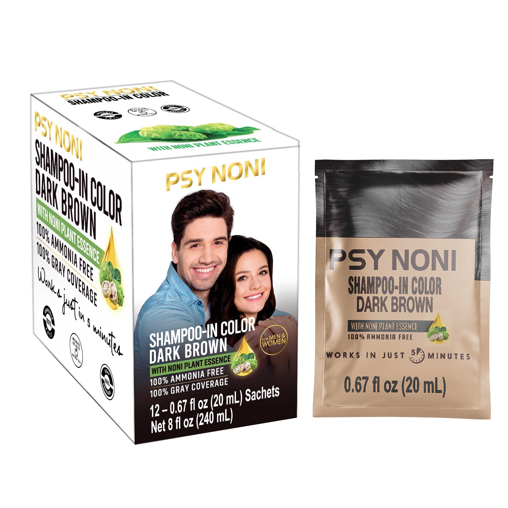 PSY Noni Brown Hair Color Shampoo| | 5 Minutes Hair Colour | Hair color shampoo (20ml) | Anti Hair fall | Brown Hair Dye| Noni F