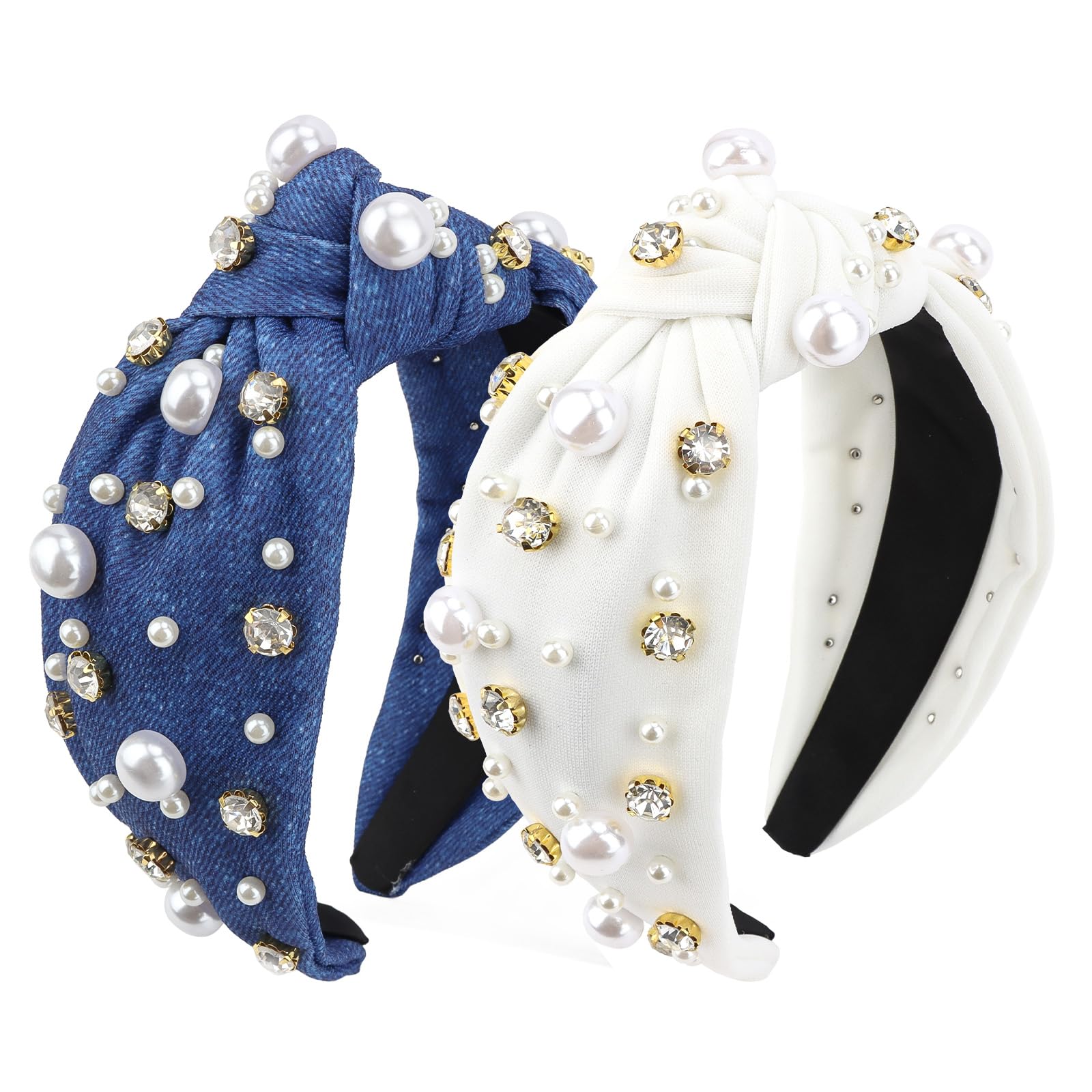 Wecoe 2pcs Knot Headbands Pearl Rhinestone Wide Cloth Headbands Cute White Denim Blue Head Bands Non Slip Fashion Sparkly Beaded