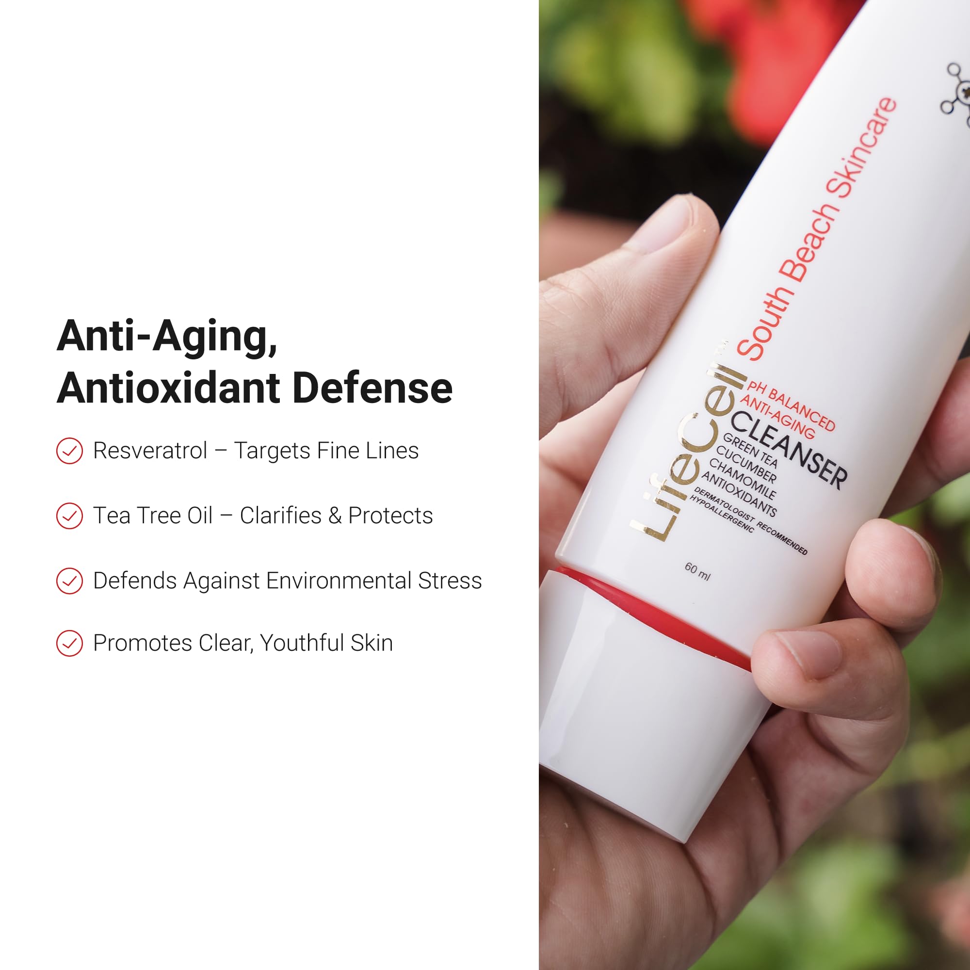 LifeCell Anti-Aging Facial Cleanser - pH Balanced Daily Face Wash with Green Tea, Cucumber, and Resveratrol - Hydrating & Gentle