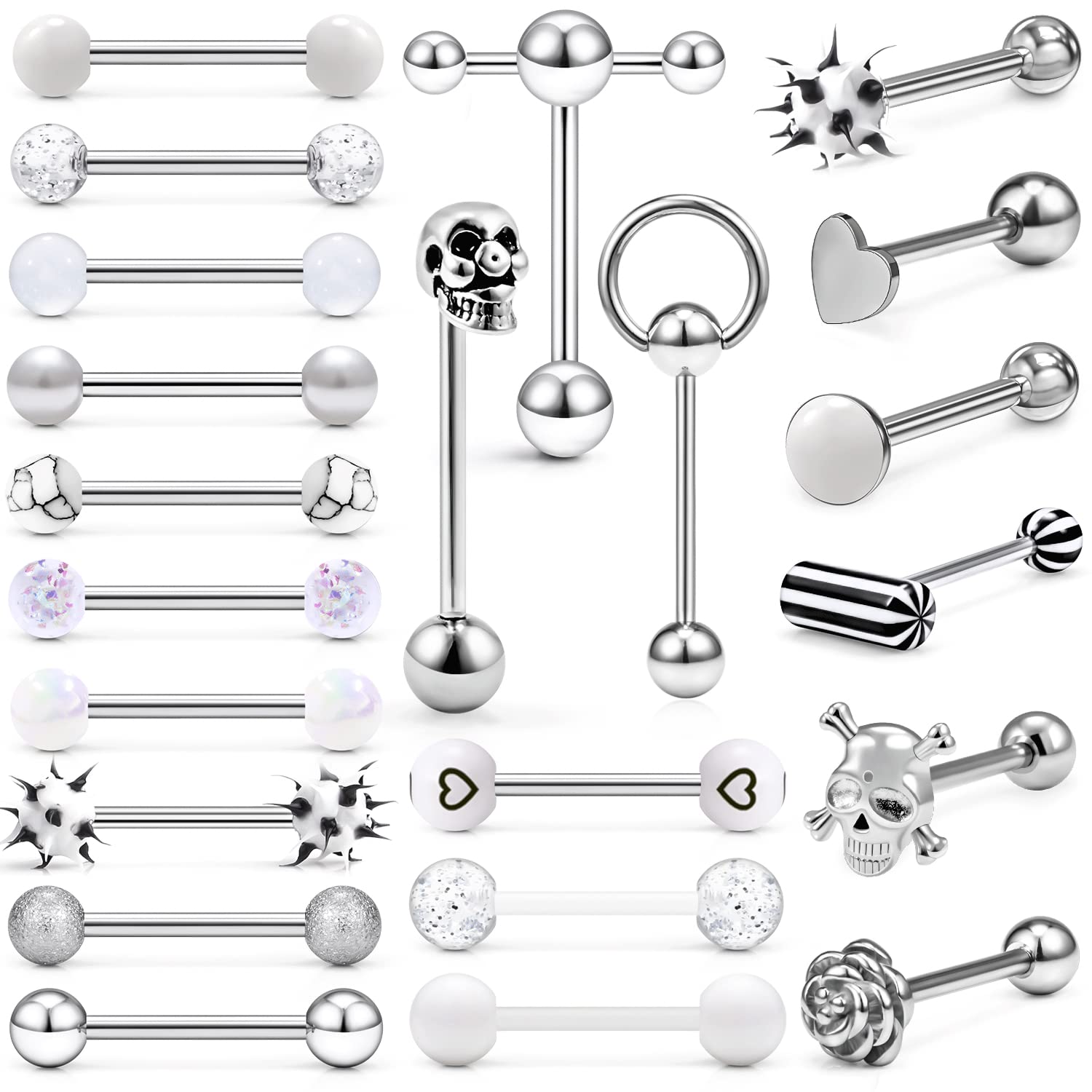 Leiainely 14g 14 Gauge Metal Plastic Acrylic Silicone Tongue Rings Balls Piercing Jewelry for Women Men Surgical Stainless Steel