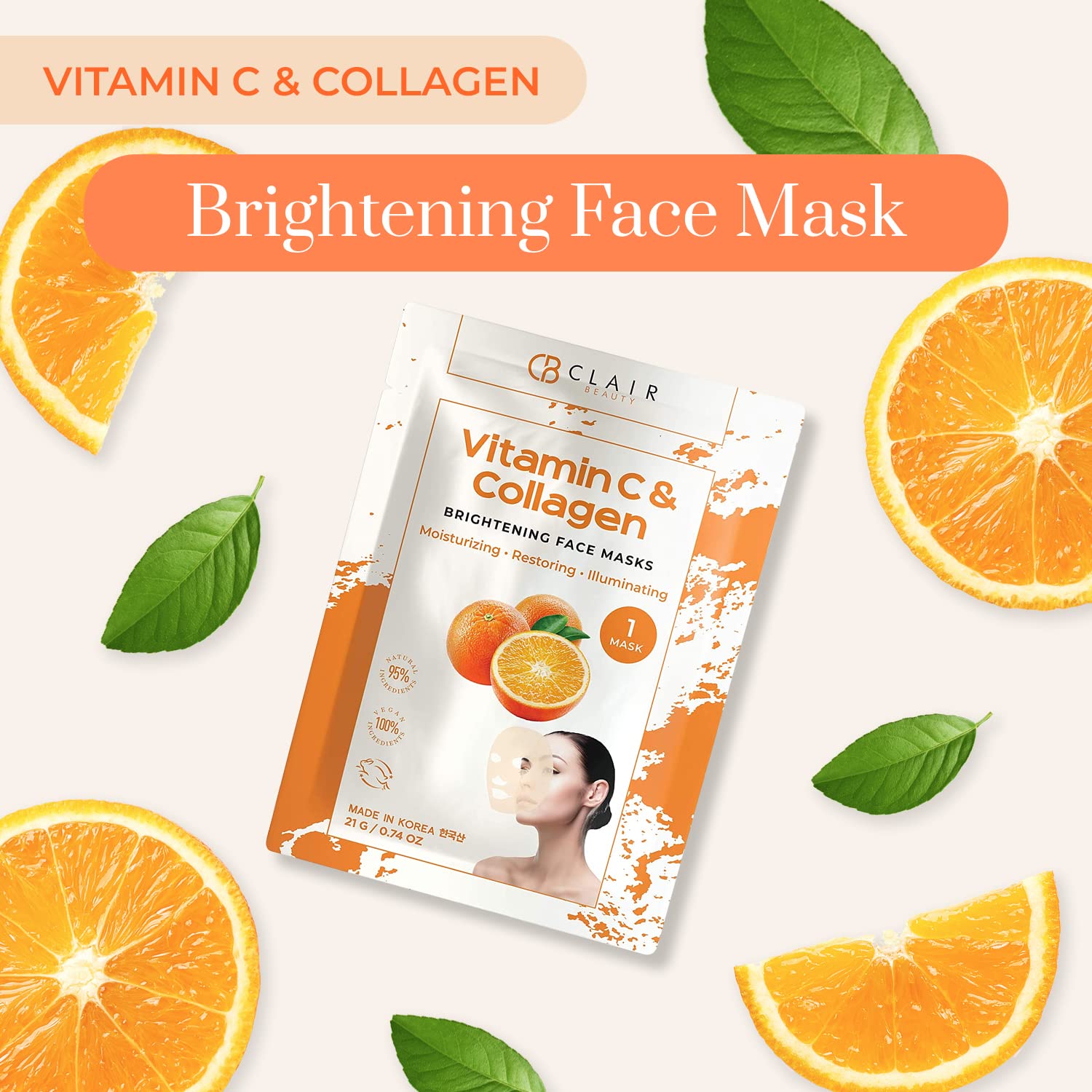 Clear Beauty Vitamin C And Collagen Sheet Face Mask - Diminishes Fine Lines & Wrinkles, Lifts & Hydrates Skin, Brightening Sheet