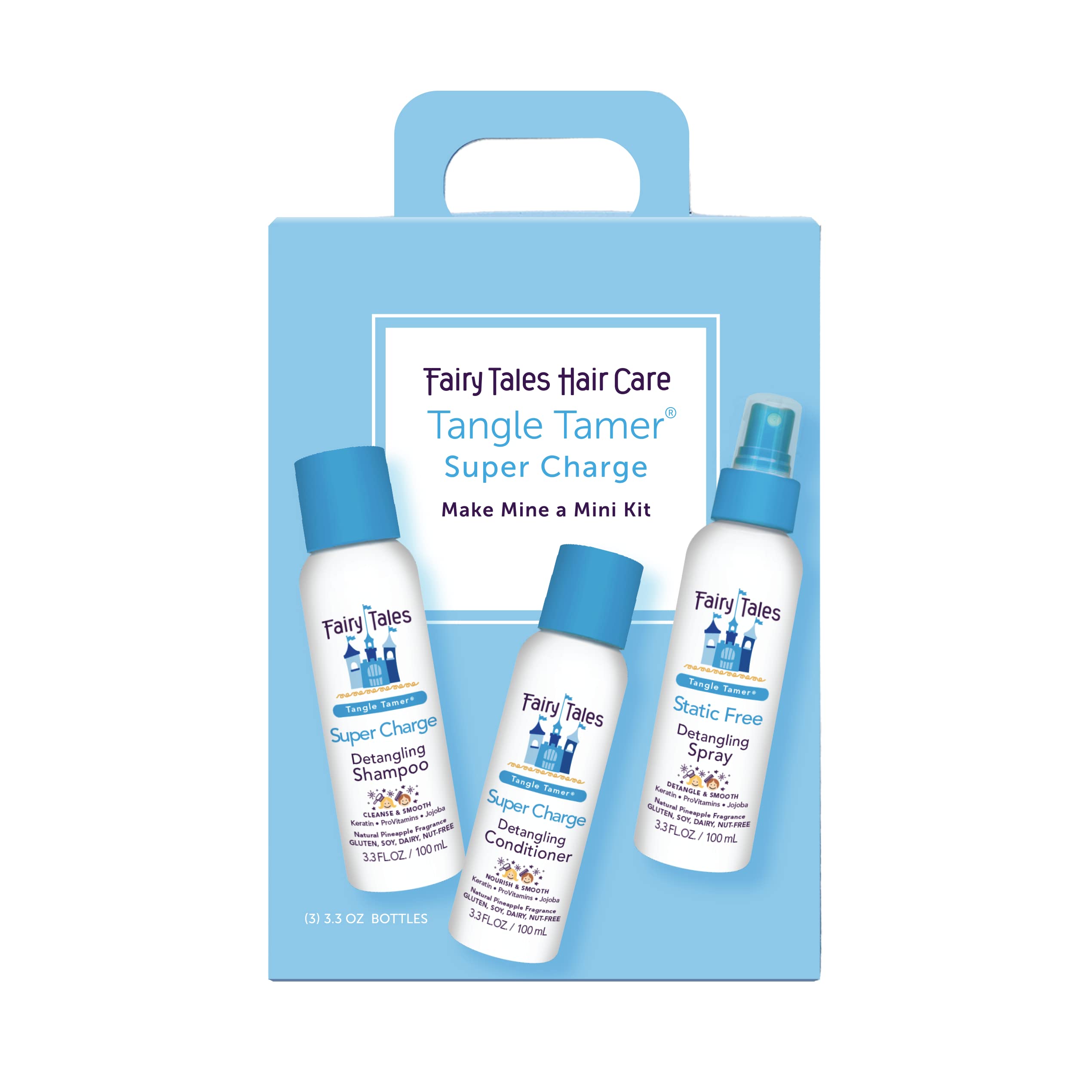 Fairy Tales Tangle Tamer Super Charge Detangling Shampoo, Conditoner, and Spray for Kids - Travel Set - Paraben Free, Sulfate Fr