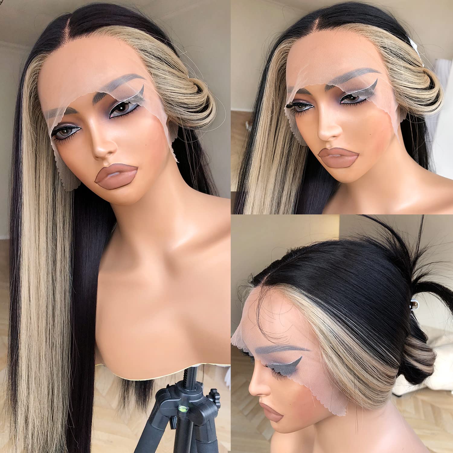 BrownBomb Skunk Stripe Wig Lace Front Wig Pre Plucked Ready to Wear, HD Glueless 13X5X1 Synthetic Lace Front Wigs for Women 180 