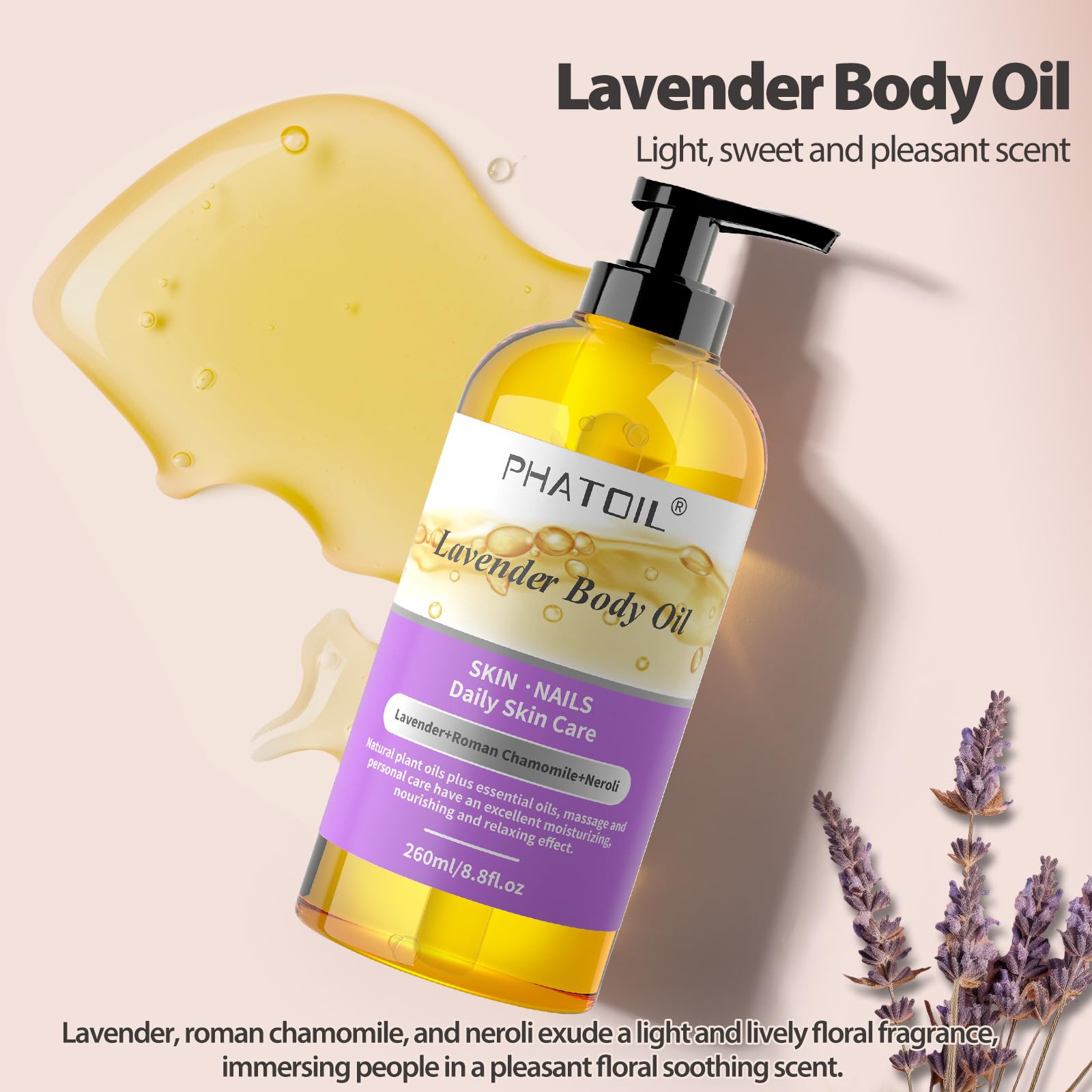 Phatoil Lavender Body Oil With Pump, 260 Ml (8.8 Fl.Oz) Premium Quality Massage Oil, Versatile Skin Care Hair Care, Blends Of Na