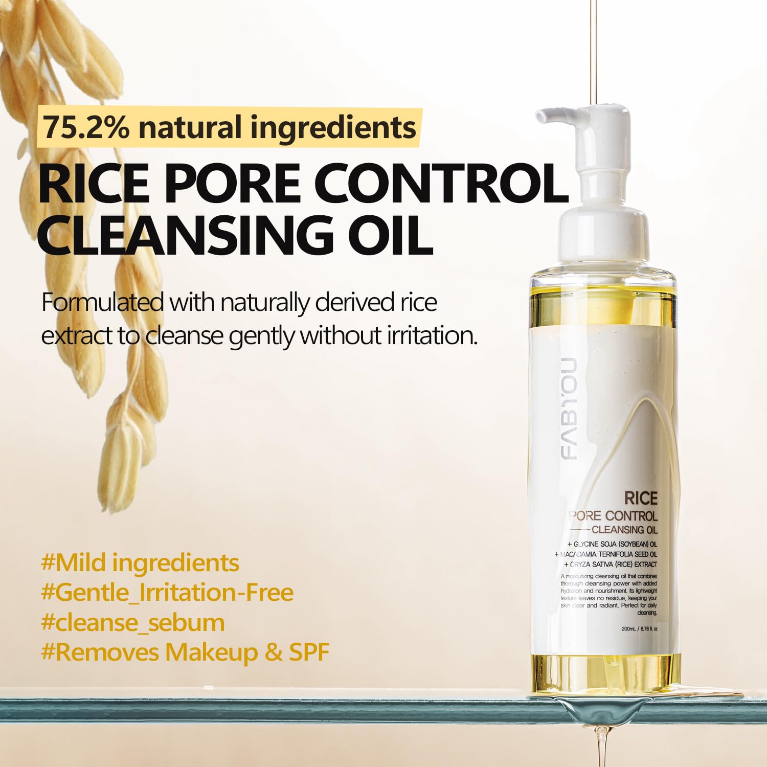 FABYOU Rice Pore Control Cleansing Oil 200ml / 6.76 fl.oz, Korean Skin Care - Deep Pore Cleanse, Moisturizing & Nourishing, Hypo