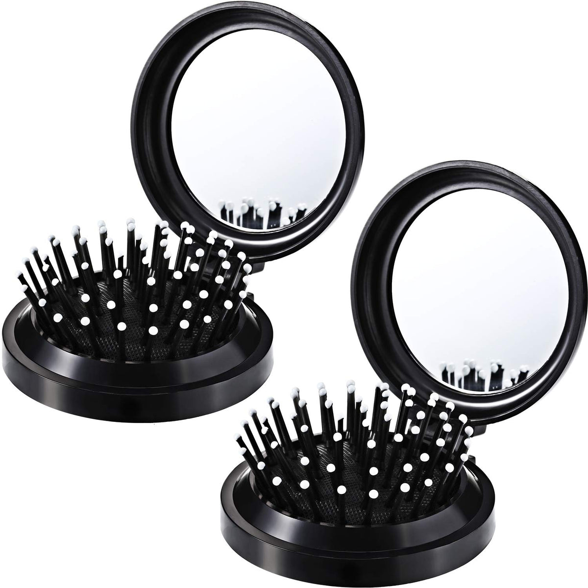2 Pack Foldable Travel Mirror Hair Brushes Round Portable Folding Pocket Hair Brush Mini Hair Comb Compact Travel Size Hair Mass