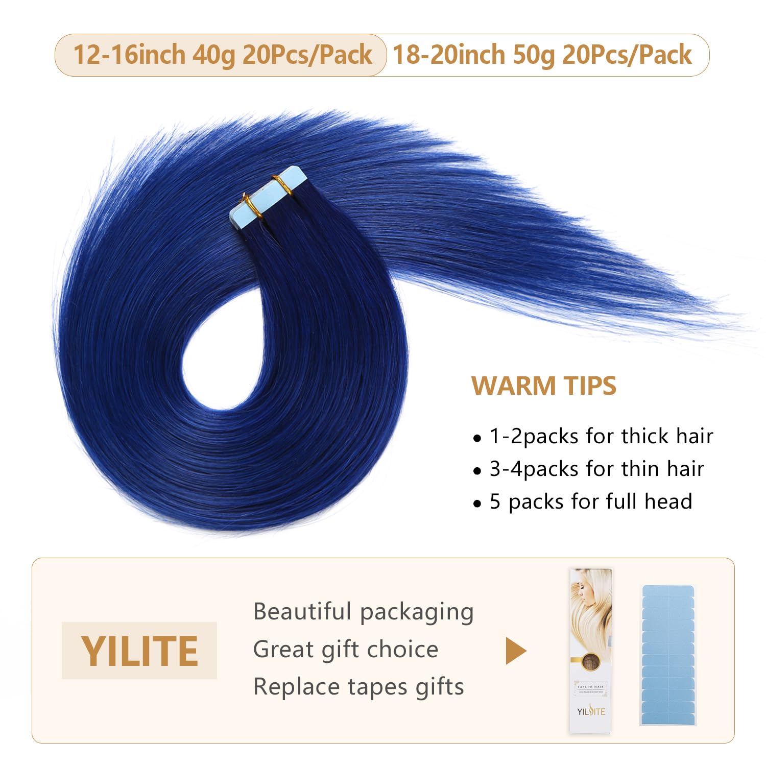 Yilite 20Pieces/Pack Blue Tape In Hair Extensions Human Hair 14Inch 40G Blue Tape In Human Hair Extensions,Seamless Skin Weft Ta