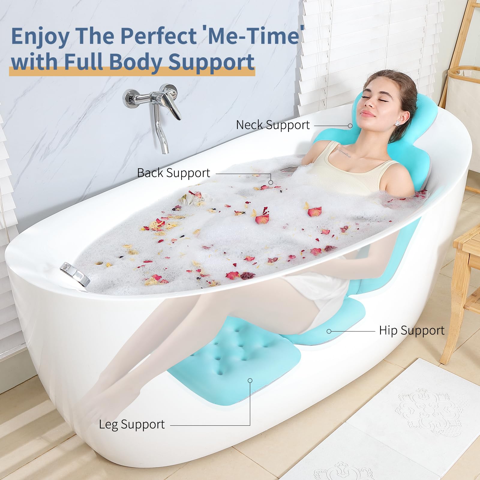 Luxury Bath Cushion, Full Body Bathtub Pillow With 160 Suction Cups, Bath Mat For Head And Neck Support, With Laundry Bag (Blue,