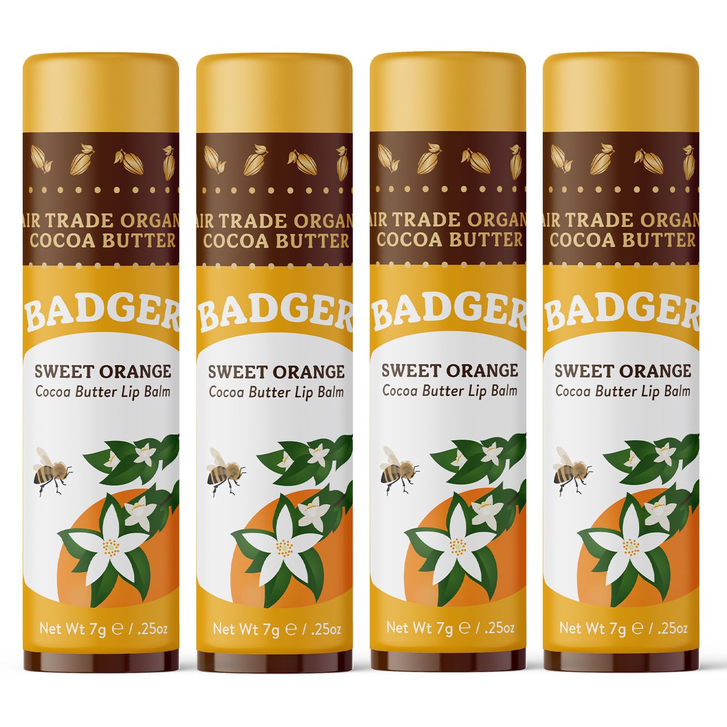 Badger Sweet Orange Cocoa Butter Lip Balm, 100% Organic Lip Balm, Hydrating Long Lasting Lip Moisturizer, Large Stick Lip Care, 
