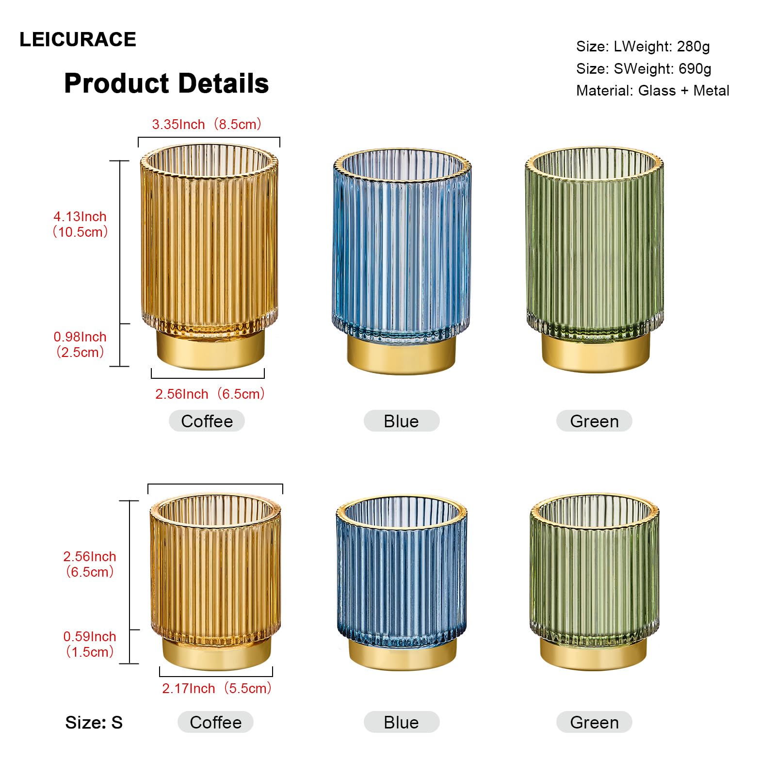 Leicurace Makeup Brush Holder Organizer,Toothbrush Holders,Desk Pen Pencil Holder,Multifunctional Vintage Glass Brush Cup(L/Gold