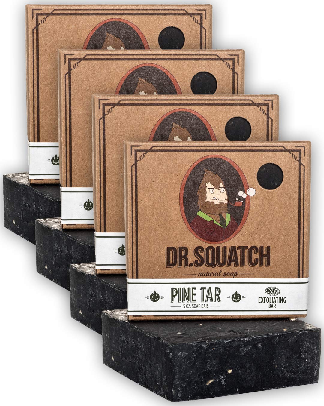 Dr. Squatch Pine Tar Soap 4-Pack Bundle - Bar Soap for Men with Natural Woodsy Scent and Skin Exfoliating Scrub - Handmade with 