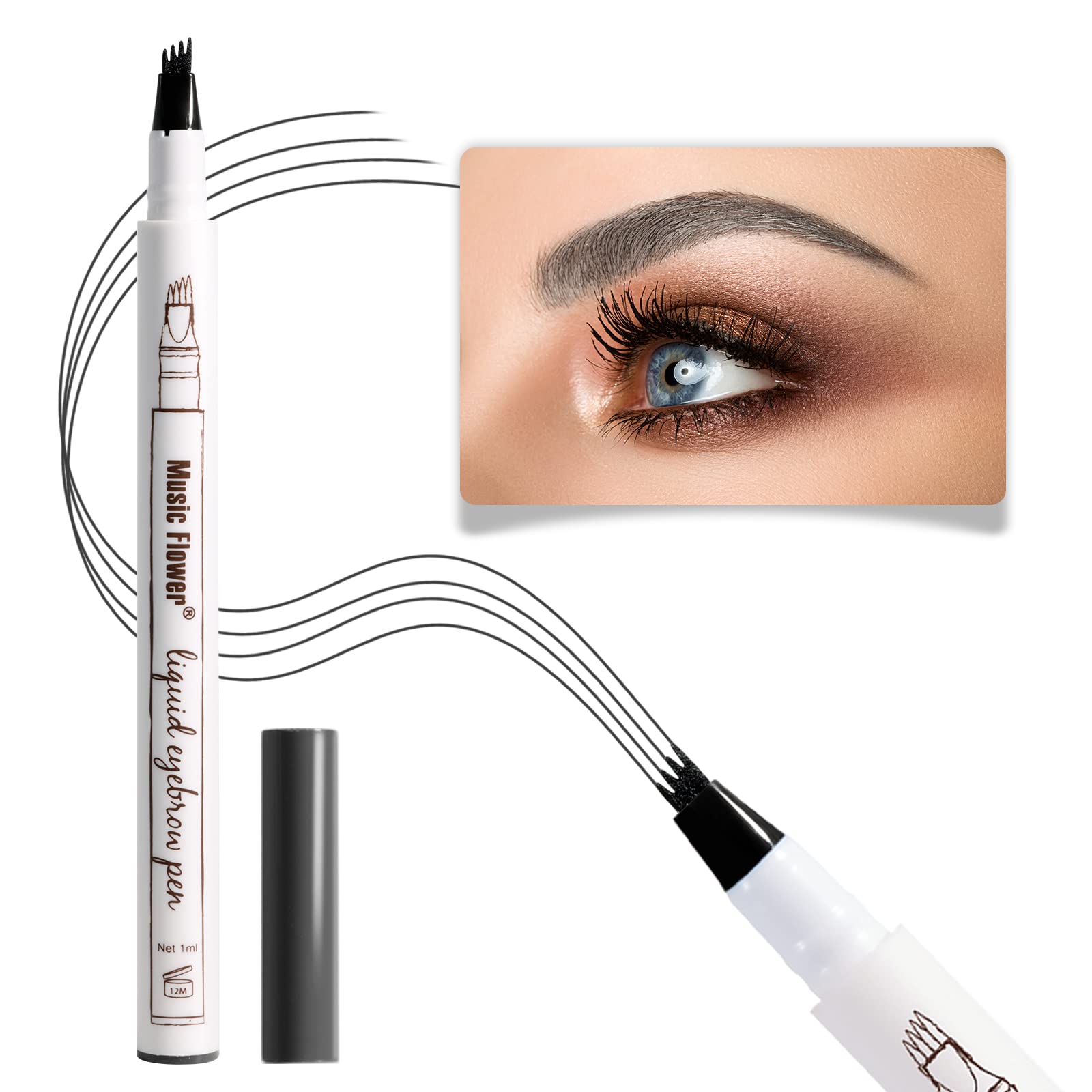 Music Flower 4 Pointed Liquid Eyebrow Pen Fine Sketch Tattoo Eyebrow Pencil Super Durable Waterproof Smudge-Proof (Dark Grey)