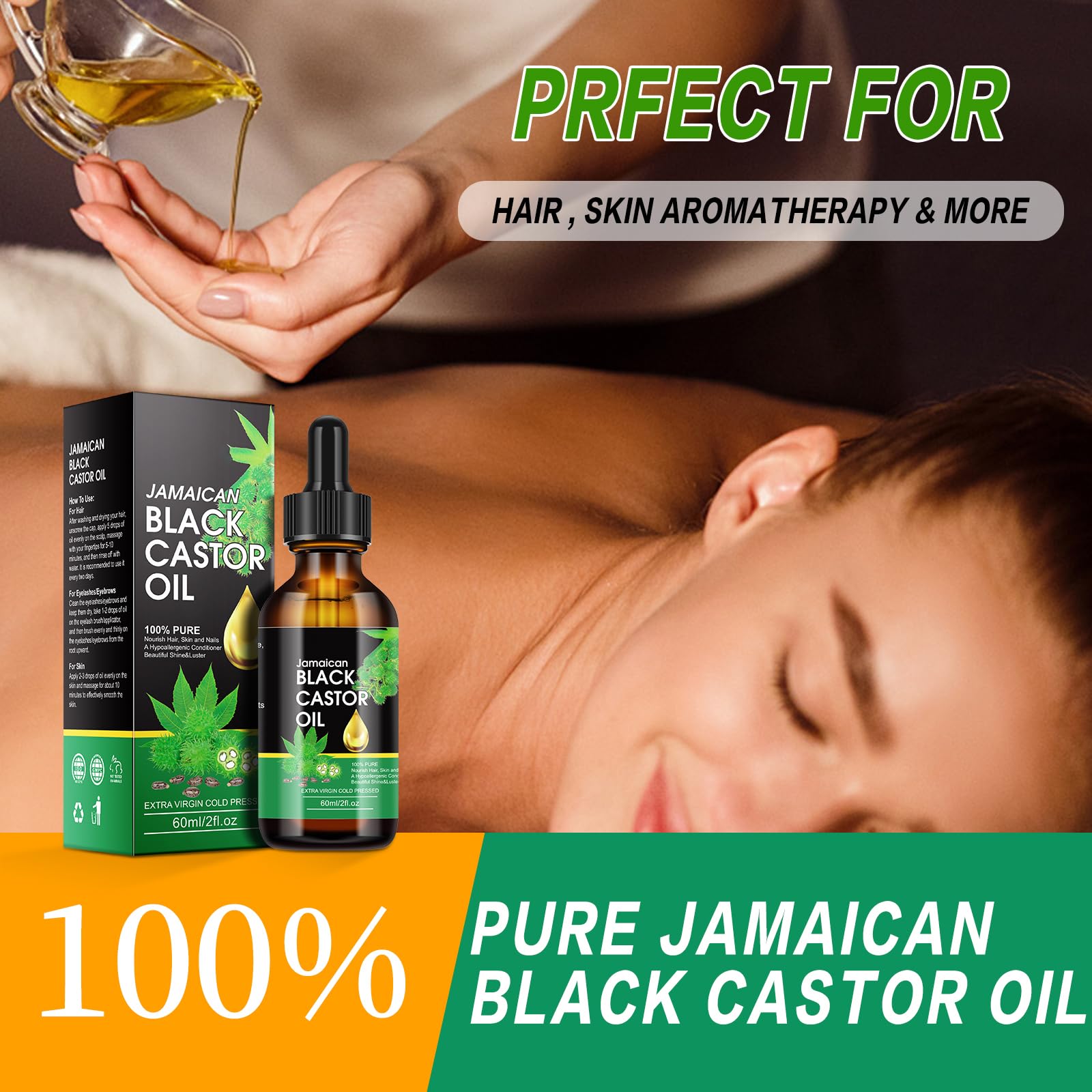 YAFUSIPE Jamaican Black Castor Oil 100% Pure Cold Pressed 2 Fl Oz Glass Bottle - Hair & Eyelash Growth Treatment, Green