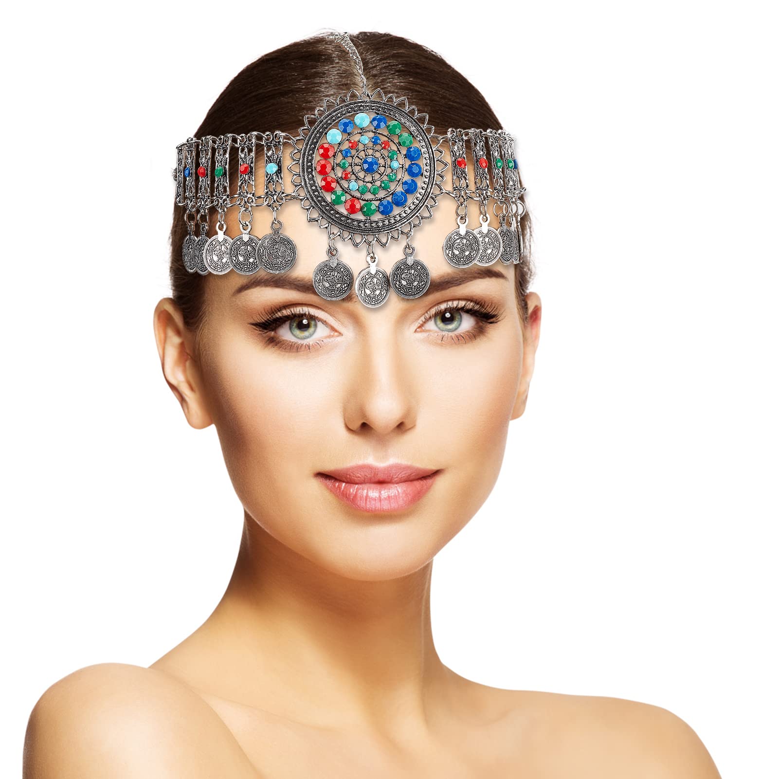 NICENEEDED Boho Head Chain Jewelry Silver, Vintage Belly Dance Coin Headpiece, Flower Rhinestone Retro Prom Costume Forehead Cha
