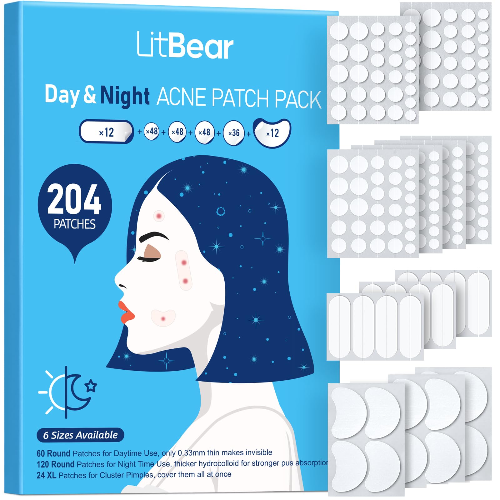 LitBear Acne Pimple Patches- Day and Night 6 Sizes 204 Dots Thin & Thick Hydrocolloid Patches with Witch Hazel, Tea Tree & Calen