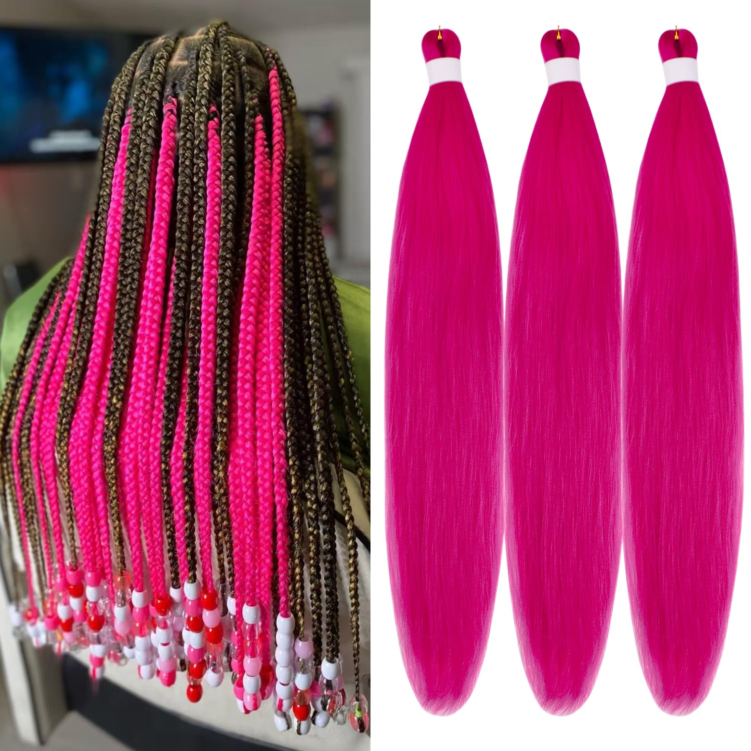 Hot Pink Braiding Hair Pre-stretched Colored Hair Extensions for Braiding Synthetic Hypoallergenic Pink Braids