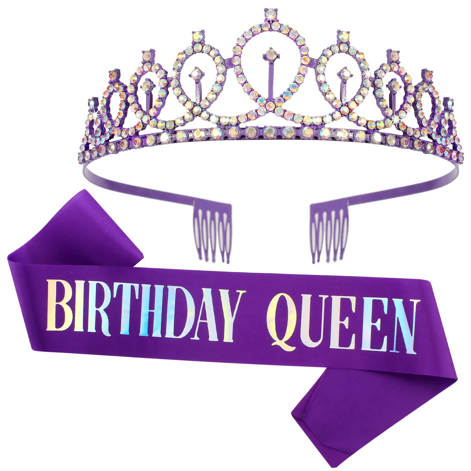 Purple Birthday Sash & AB Rhinestones Purple Crown Kit, Purple Birthday Decorations Purple Tiara Birthday Crowns for Women Girls
