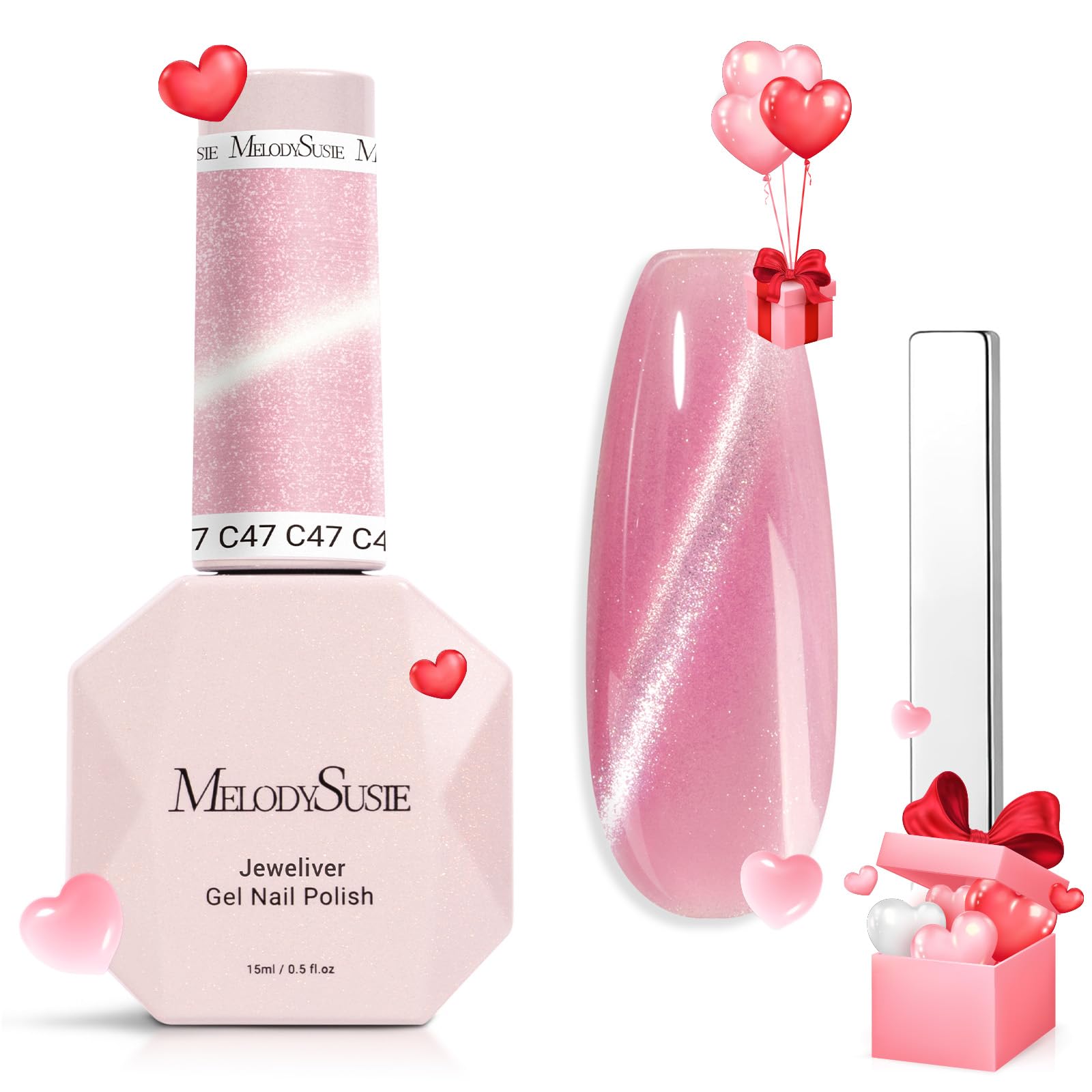 Melodysusie Jeweliver Cat Eye Gel Nail Polish, 0.5 Fl Oz Rose Pink Glitter Holographic Magnetic Nail Polish With Magnet, Uv Nail