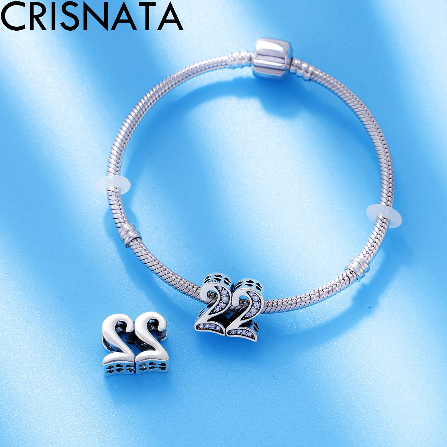 22 Birthday Charms fits Pandora Wedding Bracelet, 925 Sterling Silver 22nd Anniversary Beads with CZ Birthstones, Number 22 Year